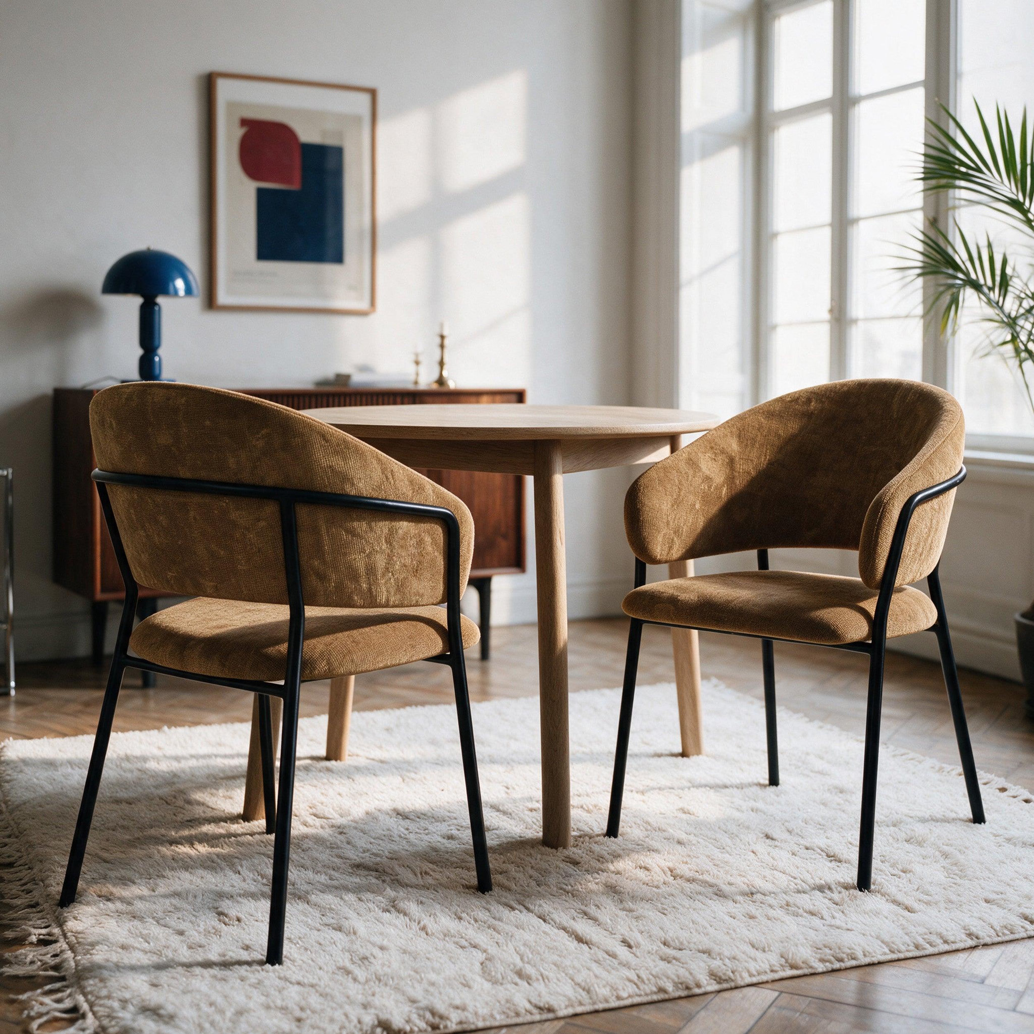 Voir la diapositive 2 : MAISON PAVANE Lot de 2 chaises en tissu caramel et pieds en métal noir-amaya