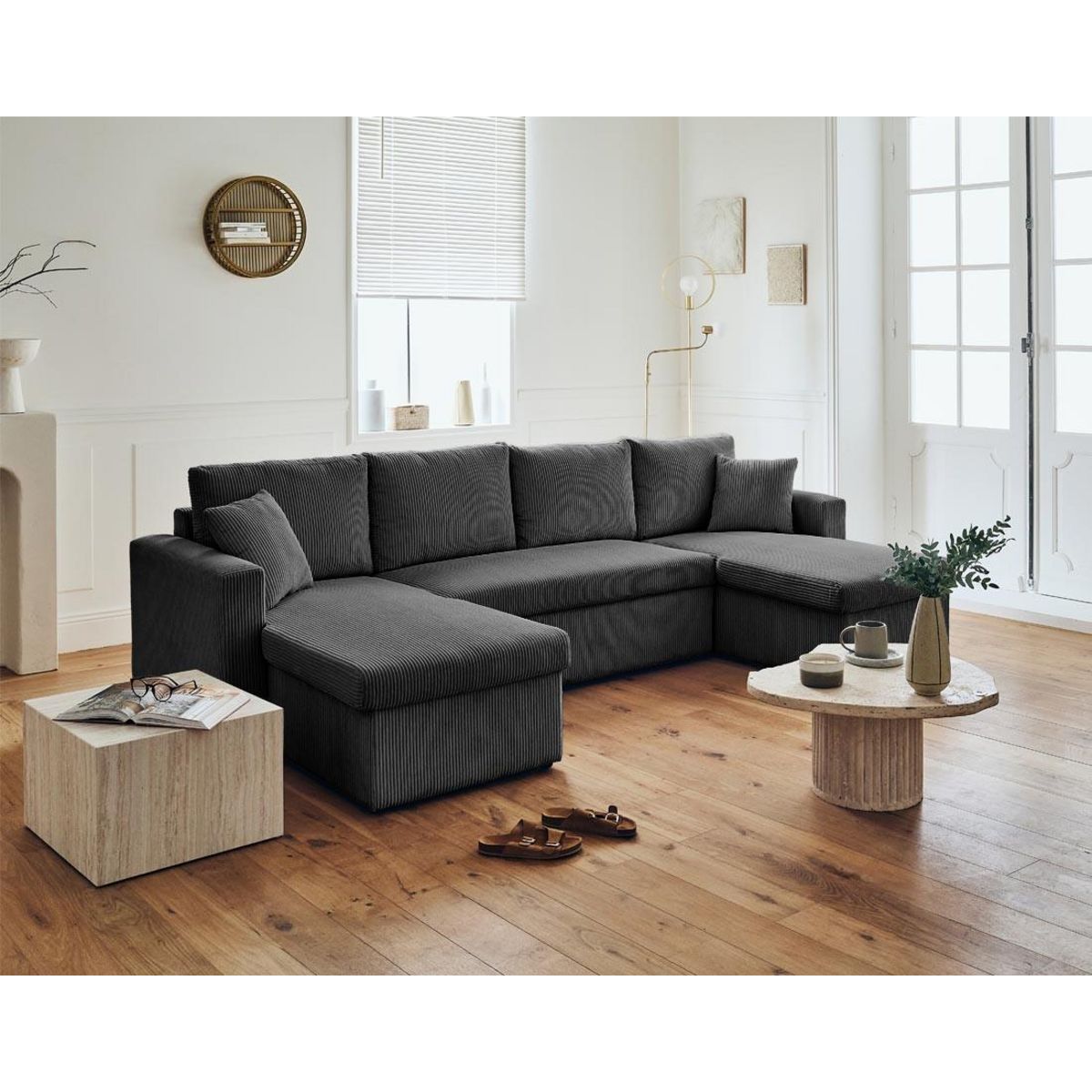 BEST MOBILIER Cyrus - canapé panoramique en u - 7 places - convertible avec coffre - en velours côtelé