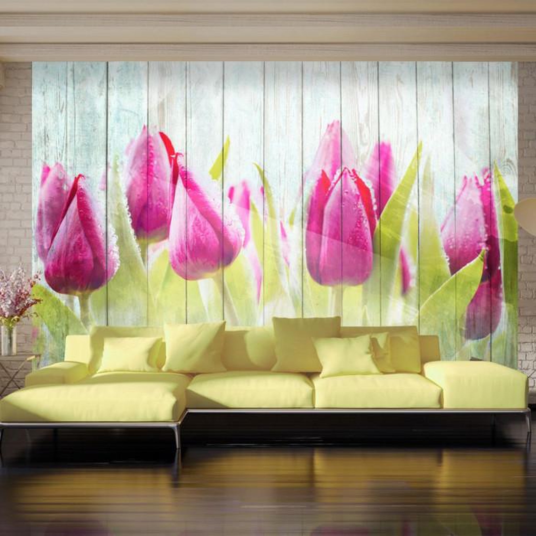 Paris Prix Papier Peint  Tulips on White Wood. Coloris disponibles : Multicolore