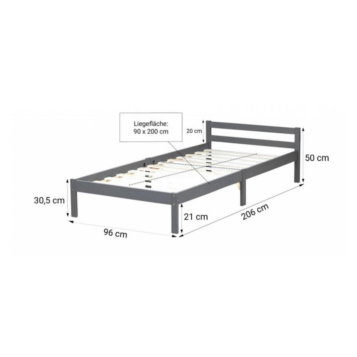 HomeStyle4U Lit simple en bois 90x200 gris
