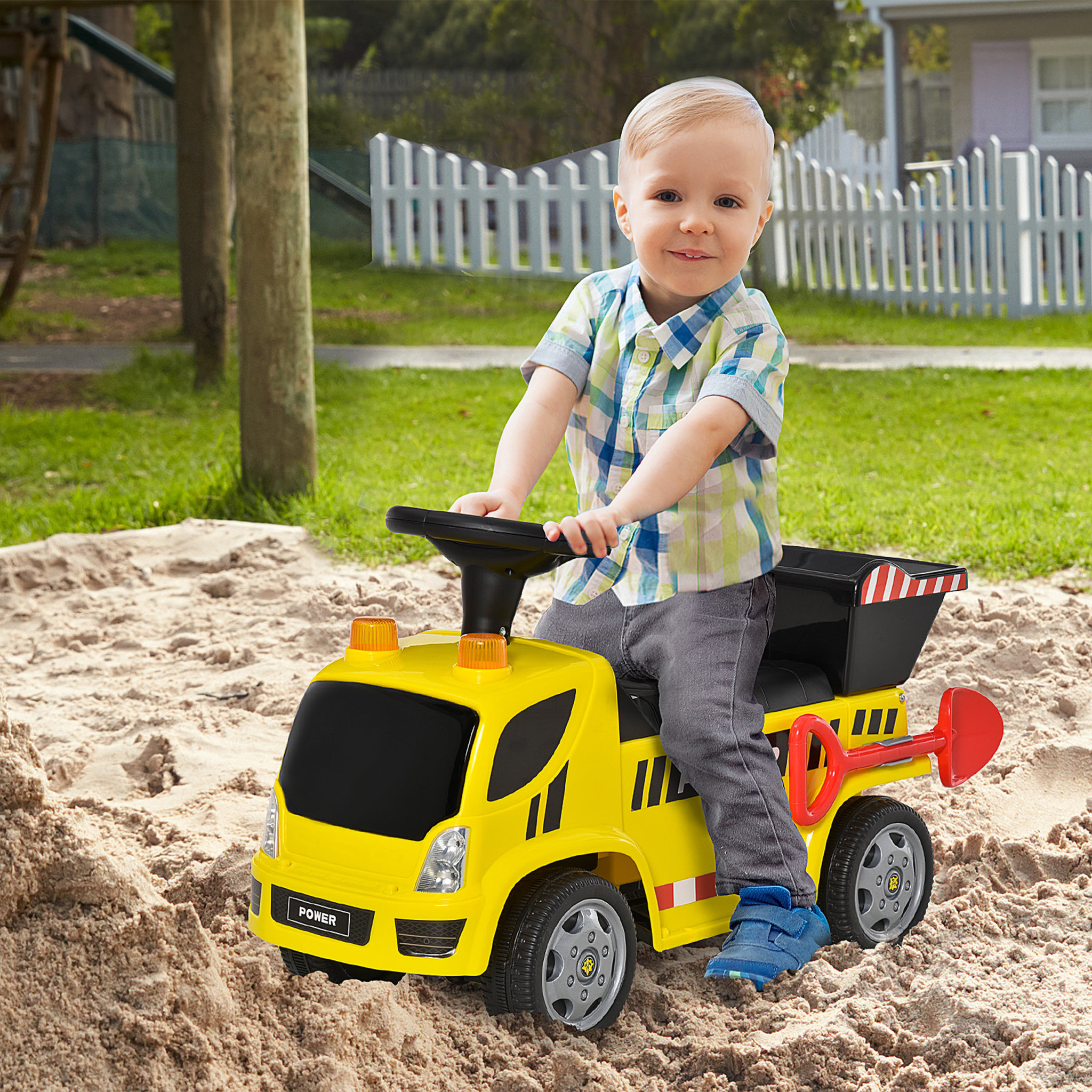 Voir la diapositive 2 : HOMCOM Porteur enfant camion 18-36 mois benne basculante pelle effets sonores lumineux noir jaune