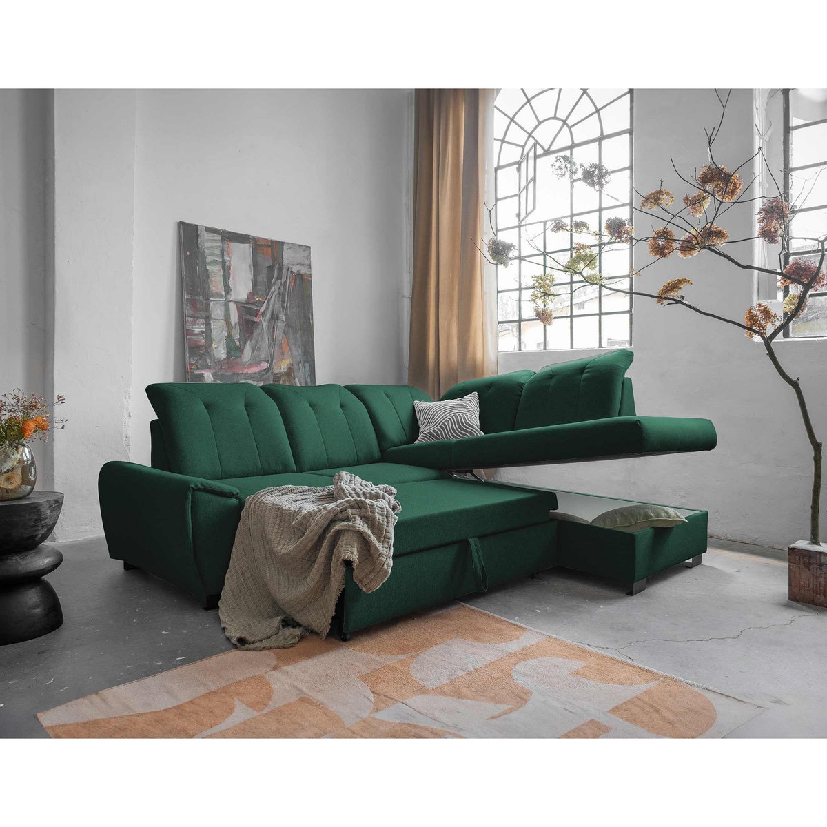 BEST MOBILIER Paul - canapé d'angle droit - 5 places - convertible avec coffre et têtières - en tissu