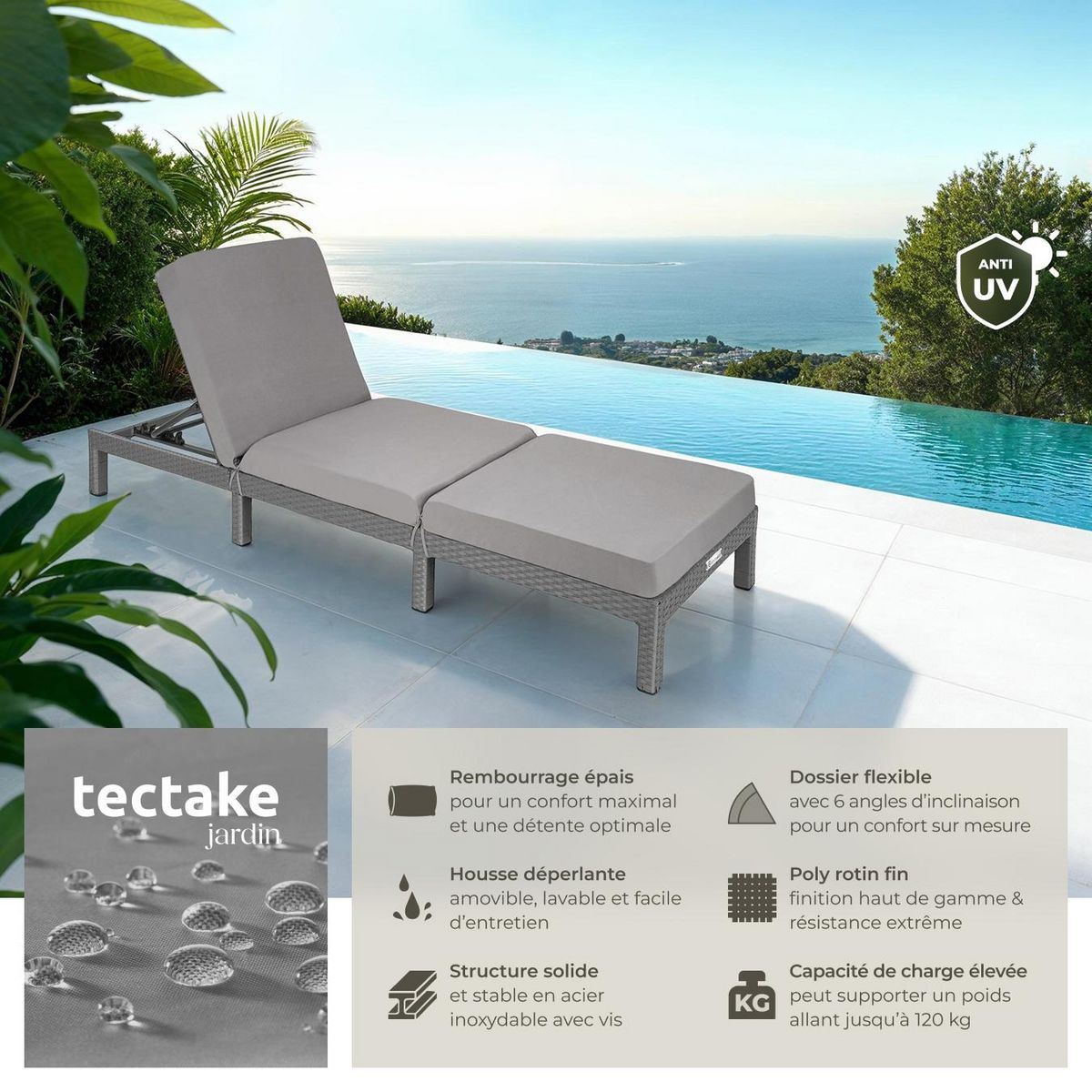 tectake Bain de soleil en rotin robuste gris