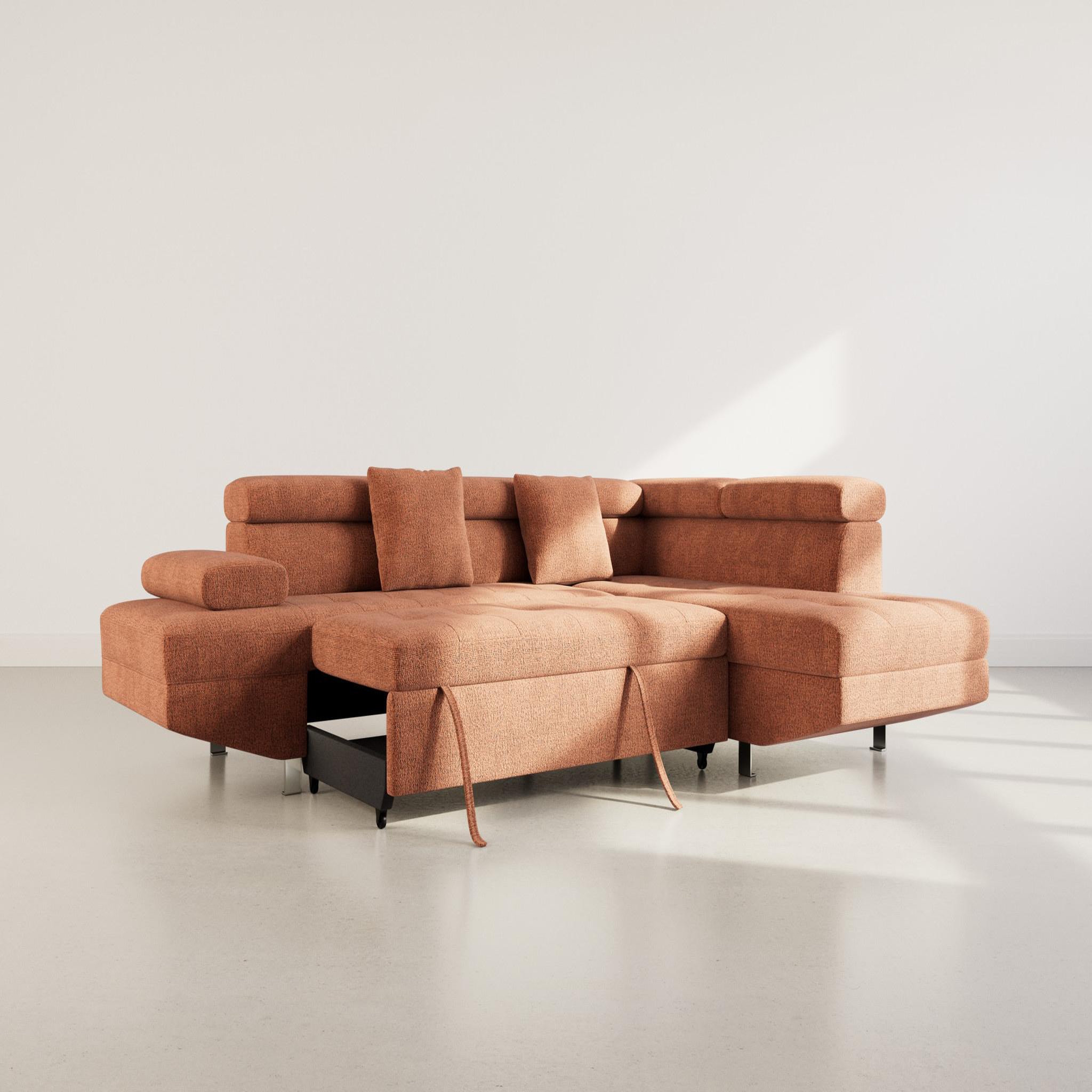 Voir la diapositive 2 : BEST MOBILIER Margaux - canapé d'angle droit 5 places convertible avec coffre et têtières réglables en velours texturé