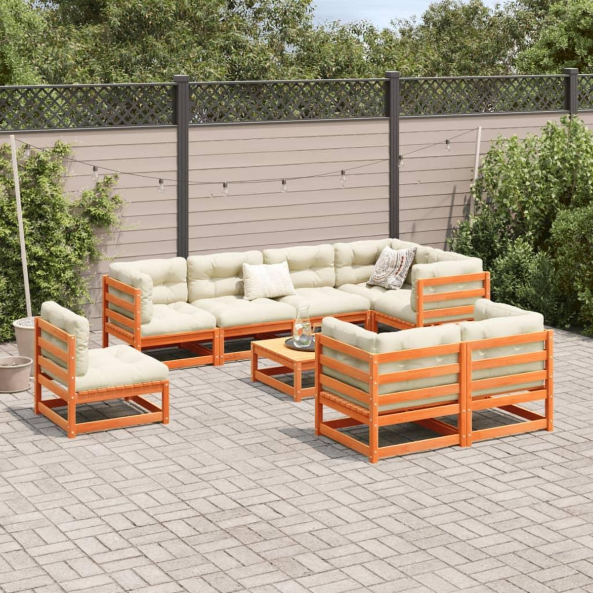 VIDAXL Salon de jardin 9 pcs avec coussins marron cire bois pin massif