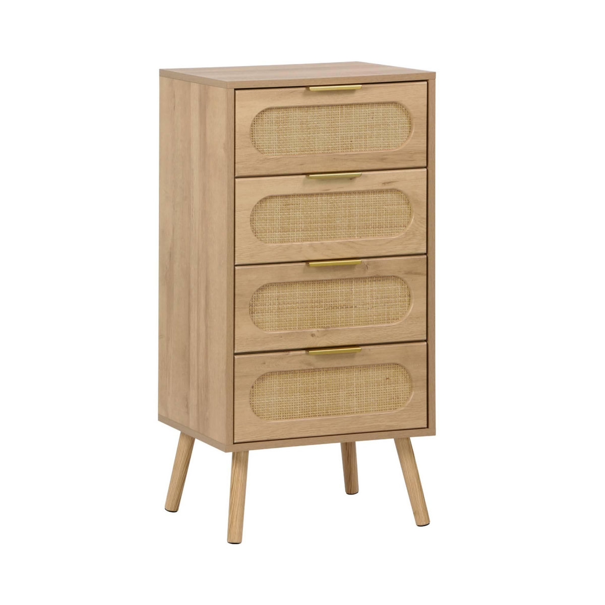 SWEEEK Commode chiffonnier effet bois et cannage 4 tiroirs naturel. poignée en métal doré - L 48 x P 39.5 x H 96 cm - Eva