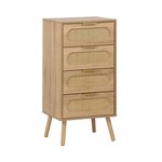 SWEEEK Commode chiffonnier effet bois et cannage 4 tiroirs naturel. poignée en métal doré - L 48 x P 39.5 x H 96 cm - Eva