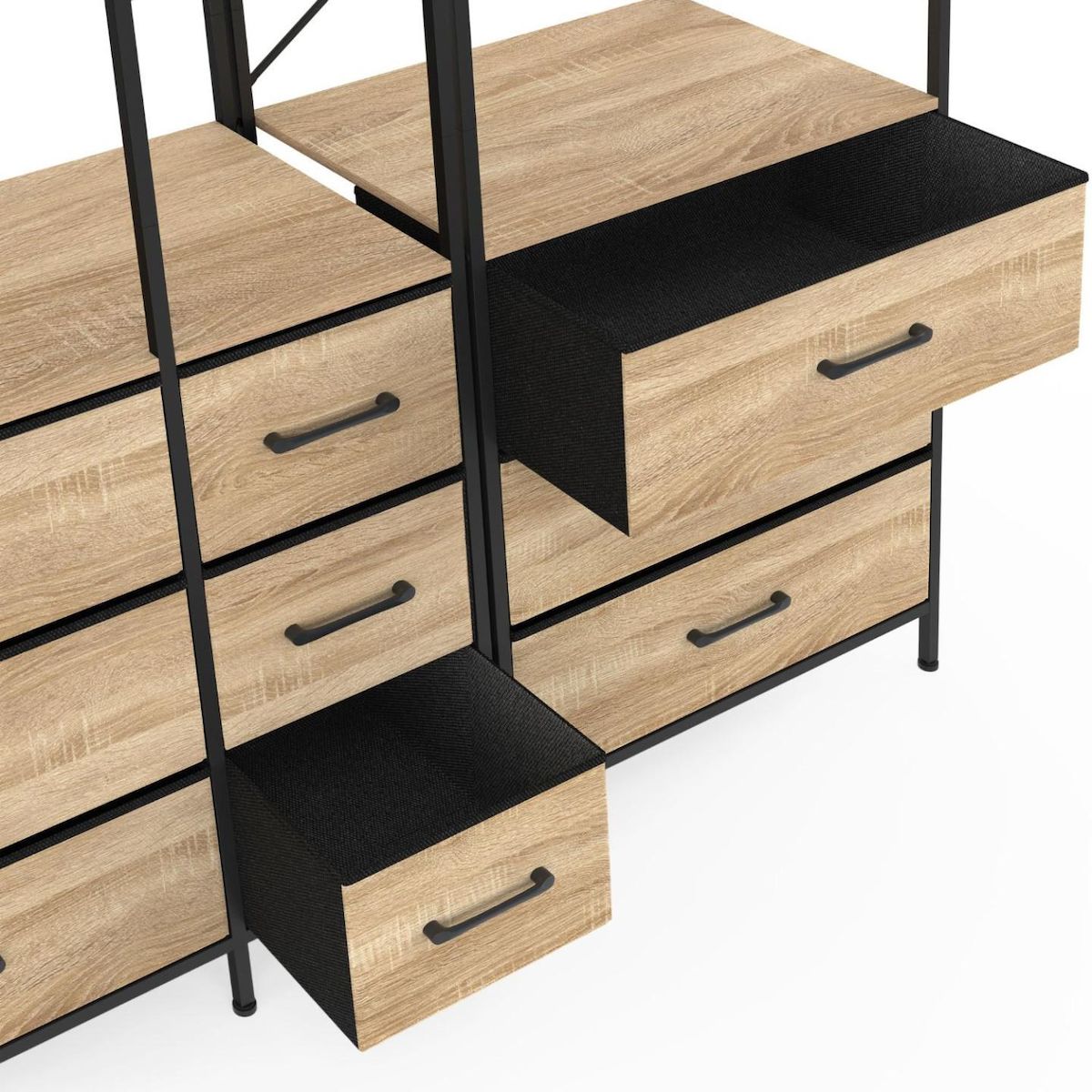 ID MARKET Dressing penderie modulable L. 150 cm UTAH XXL avec 3 étagères et 9 bacs en tissu bois et noir