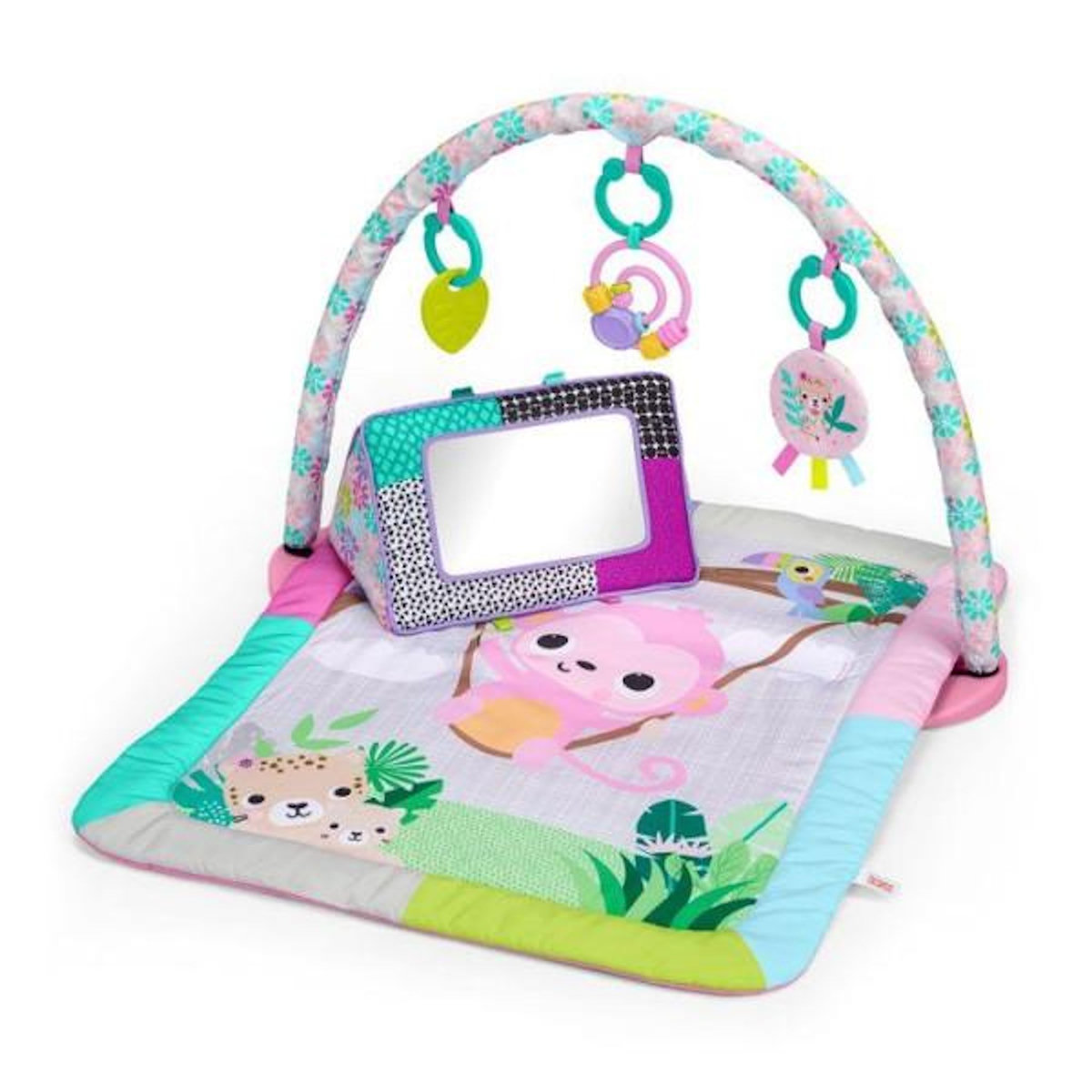 Bright Starts BRIGHTS STARTS Petit tapis d'éveil bébé pliable rose, arche de jeux, 5 jouets bébé, miroir, cartes, boulier et anneau de de