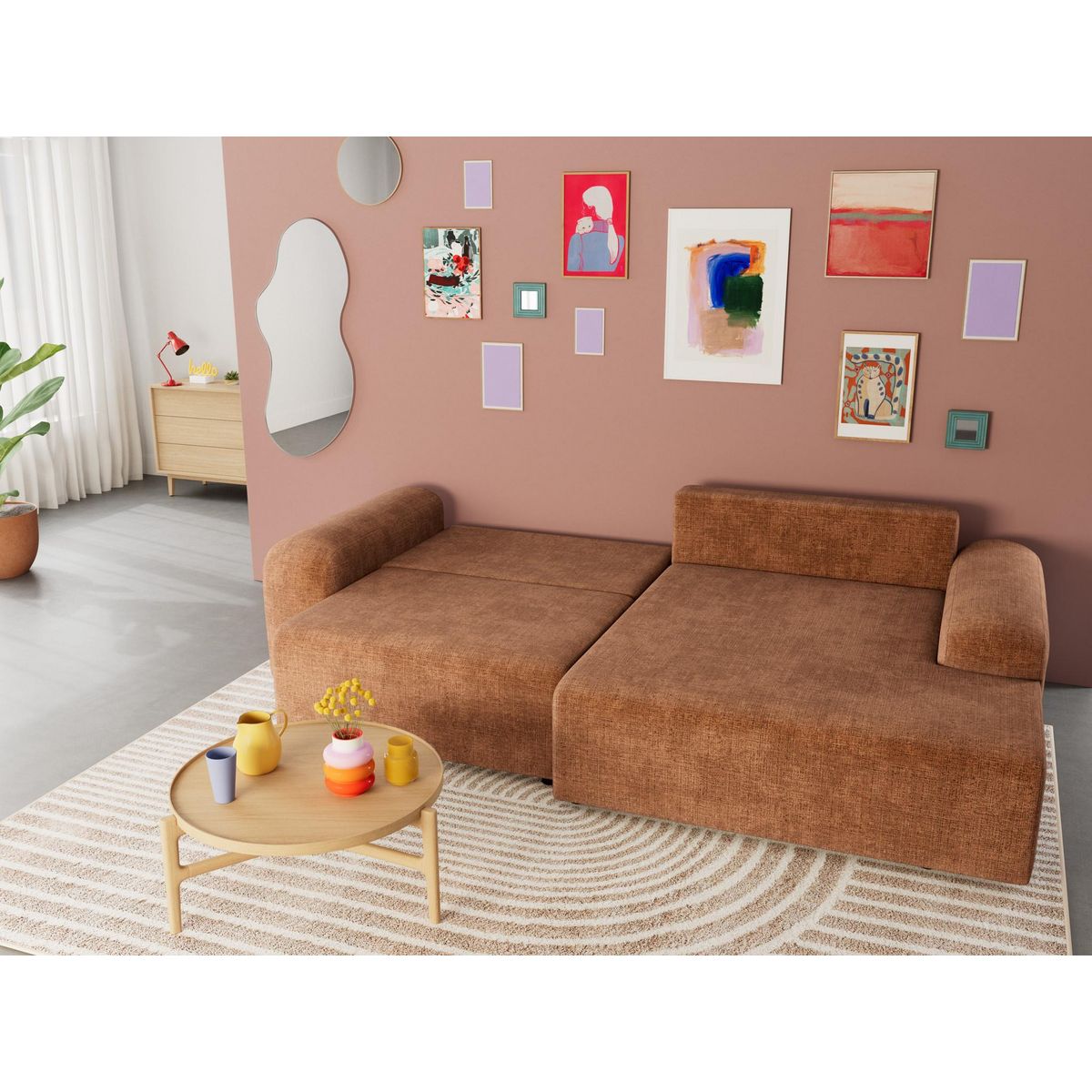 BEST MOBILIER Rebecca - canapé d'angle droit 4 places convertible avec coffre en velours texturé