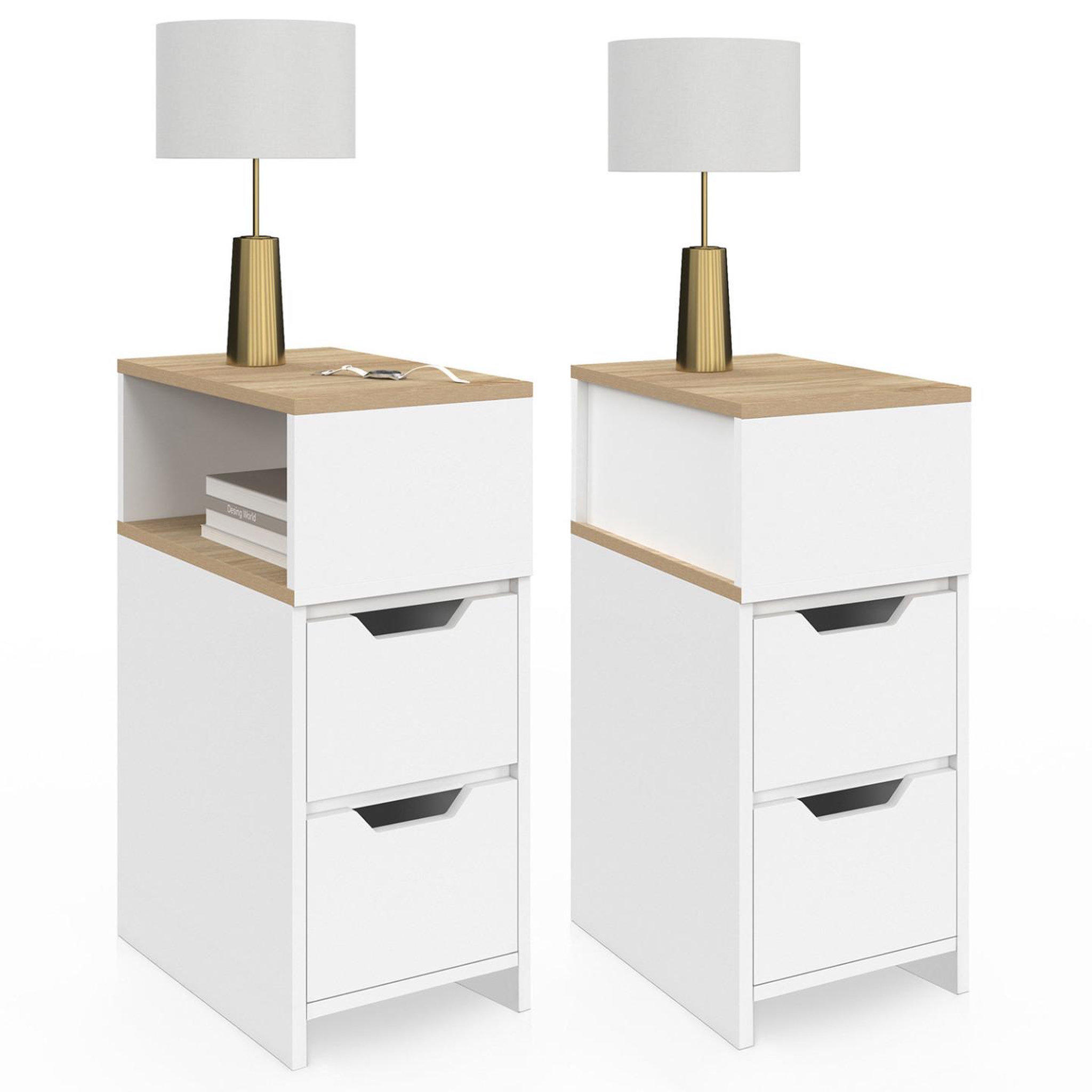 ID MARKET Lot de 2 tables de chevet étroites anouk 2 tiroirs avec niche latérale réversible blanc et bois
