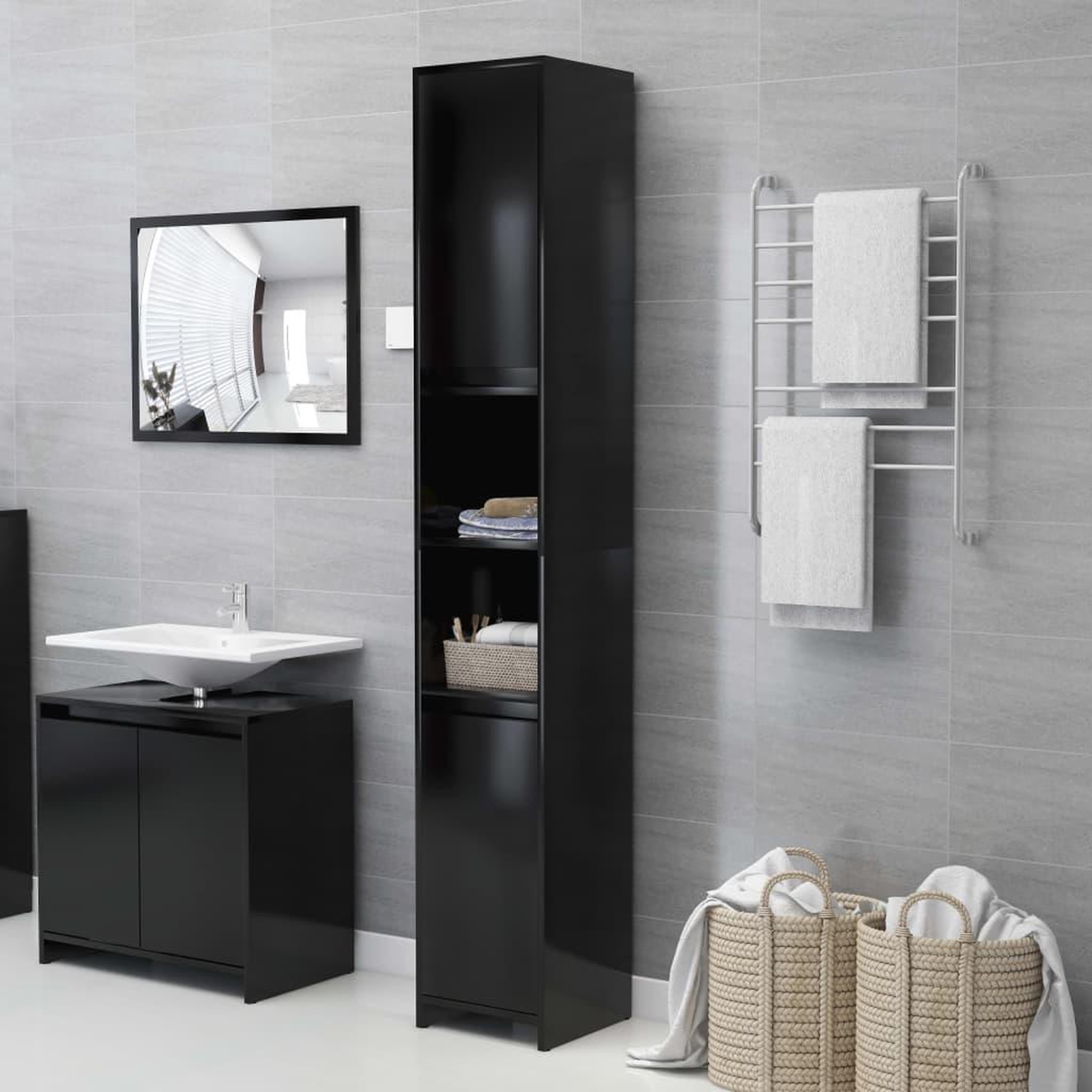 Voir la diapositive 1 : VIDAXL Armoire de salle de bain Noir 30x30x183,5 cm Bois d'ingenierie