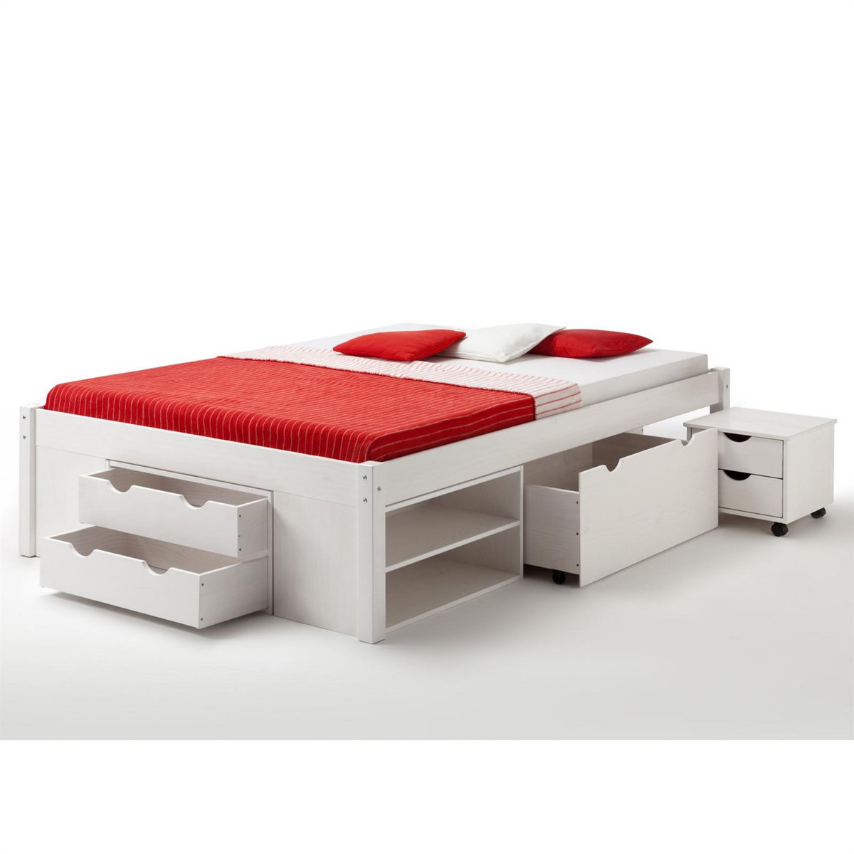 IDIMEX Lit fonctionnel SABRINA lit double pour enfant ou adulte en pin massif blanc, avec 2 tables de chevet et 4 tiroirs de rangements