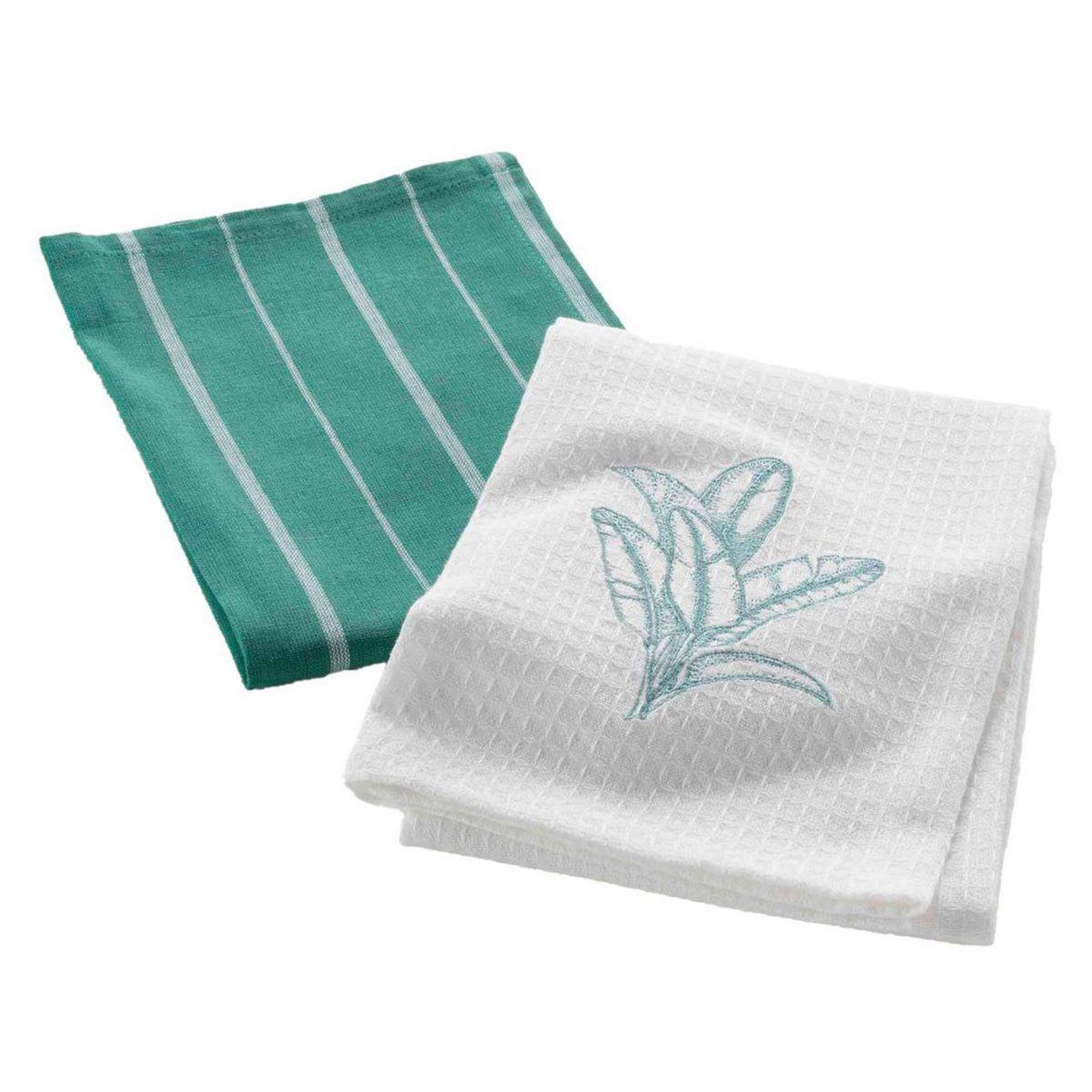 Douceur d'Intérieur Lot de 2 torchons nid d'abeille brodé  botanique  50x70cm vert