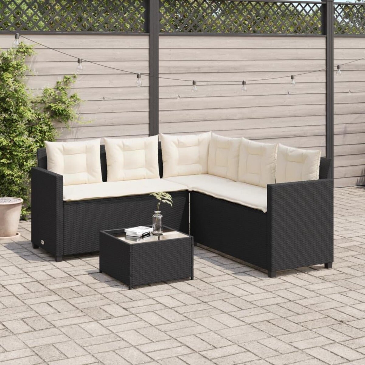 VIDAXL Canape de jardin avec table et coussins en forme de L noir