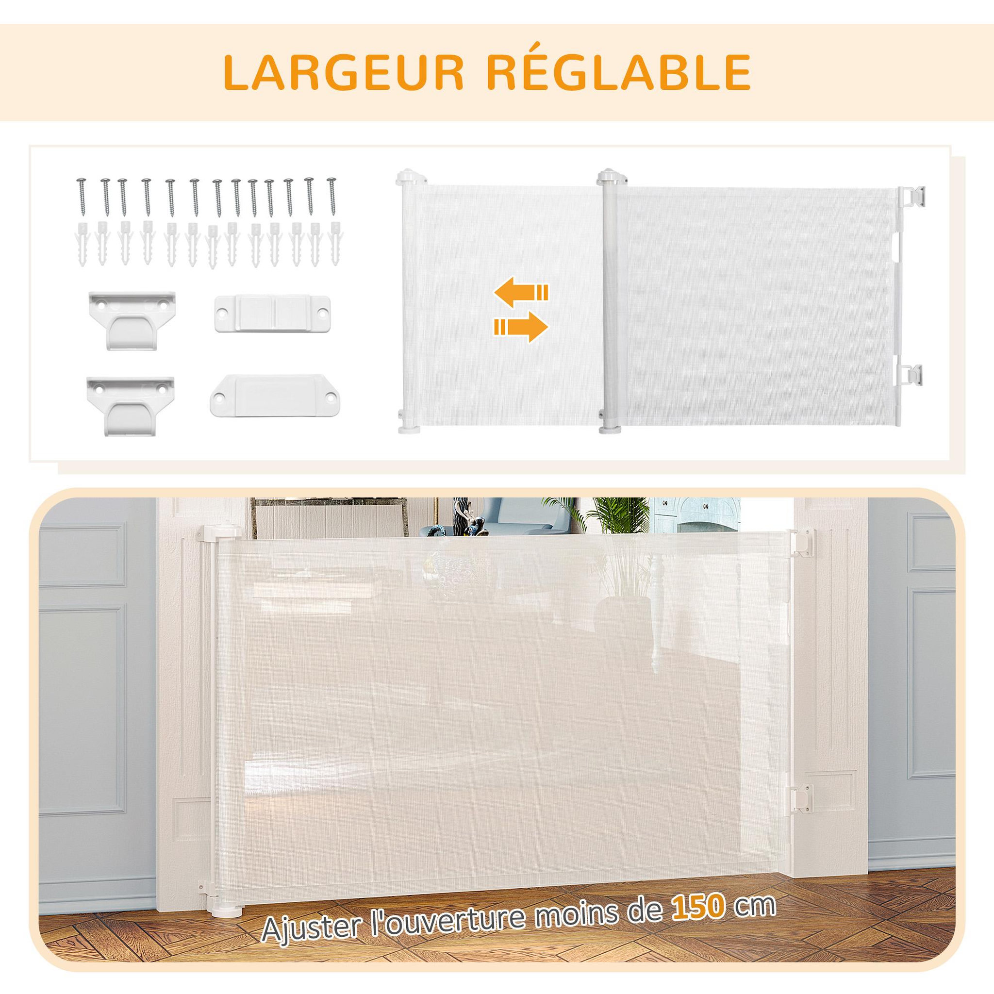 Voir la diapositive 5 : PAWHUT Barrière de sécurité barrière animaux rétractable automatique 1,65L x 0,85H m teslin alu. PVC blanc
