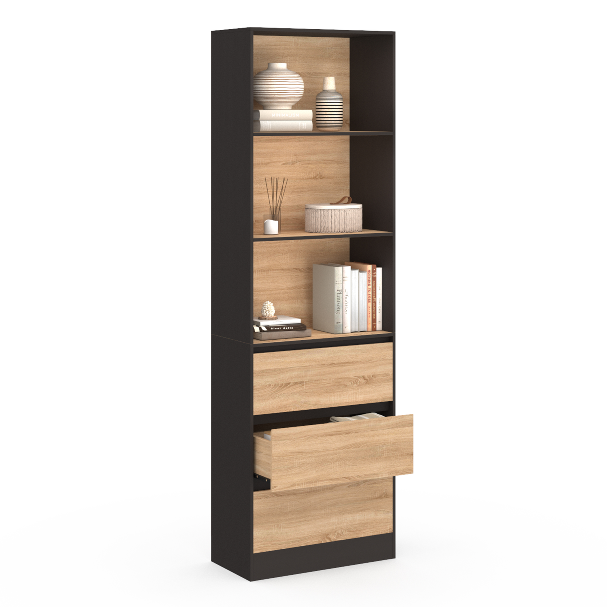 Voir la diapositive 4 : ID MARKET Etagère bibliothèque carla 3 niveaux 3 tiroirs noir et effet bois 190 cm