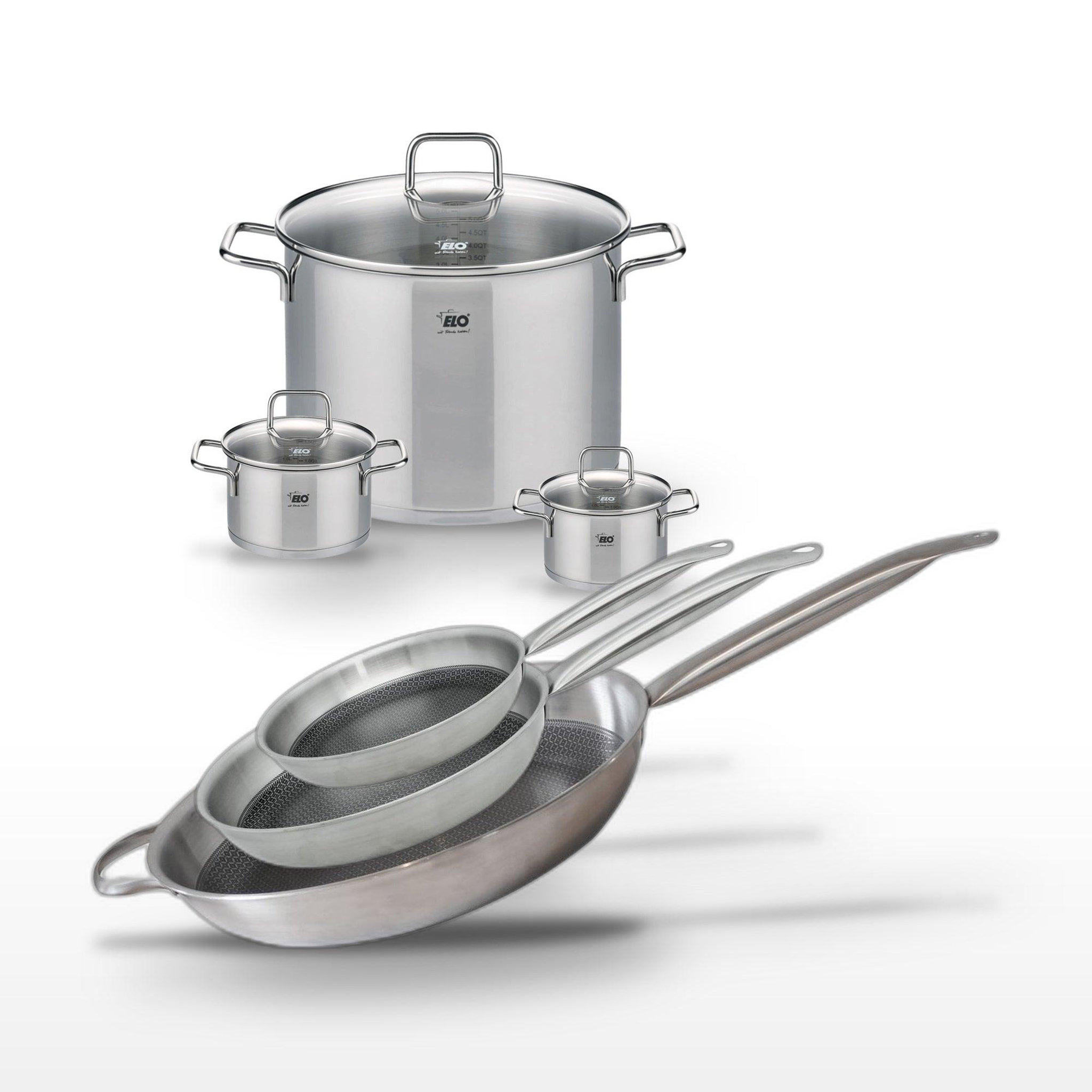 ELO Batterie de cuisine avec 3 poêles 24/28/32 cm et 3 faitouts 12/14/26 cm en inox avec 6 ustensiles de cuisine elo collection relief solution citrin
