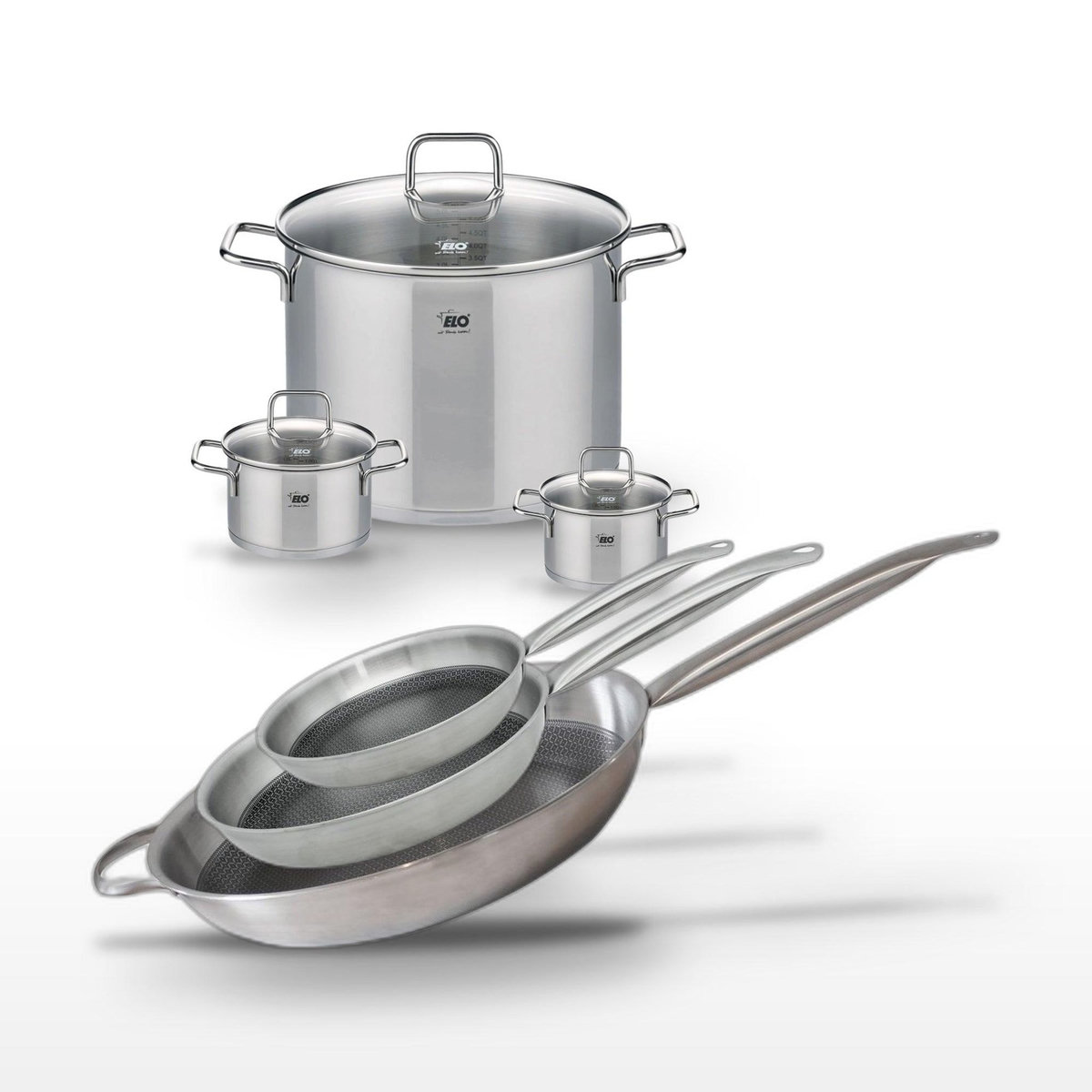 ELO Lot 3 Poêles Elo Relief Solution 32/28/24cm et 3 Faitouts Elo Citrin