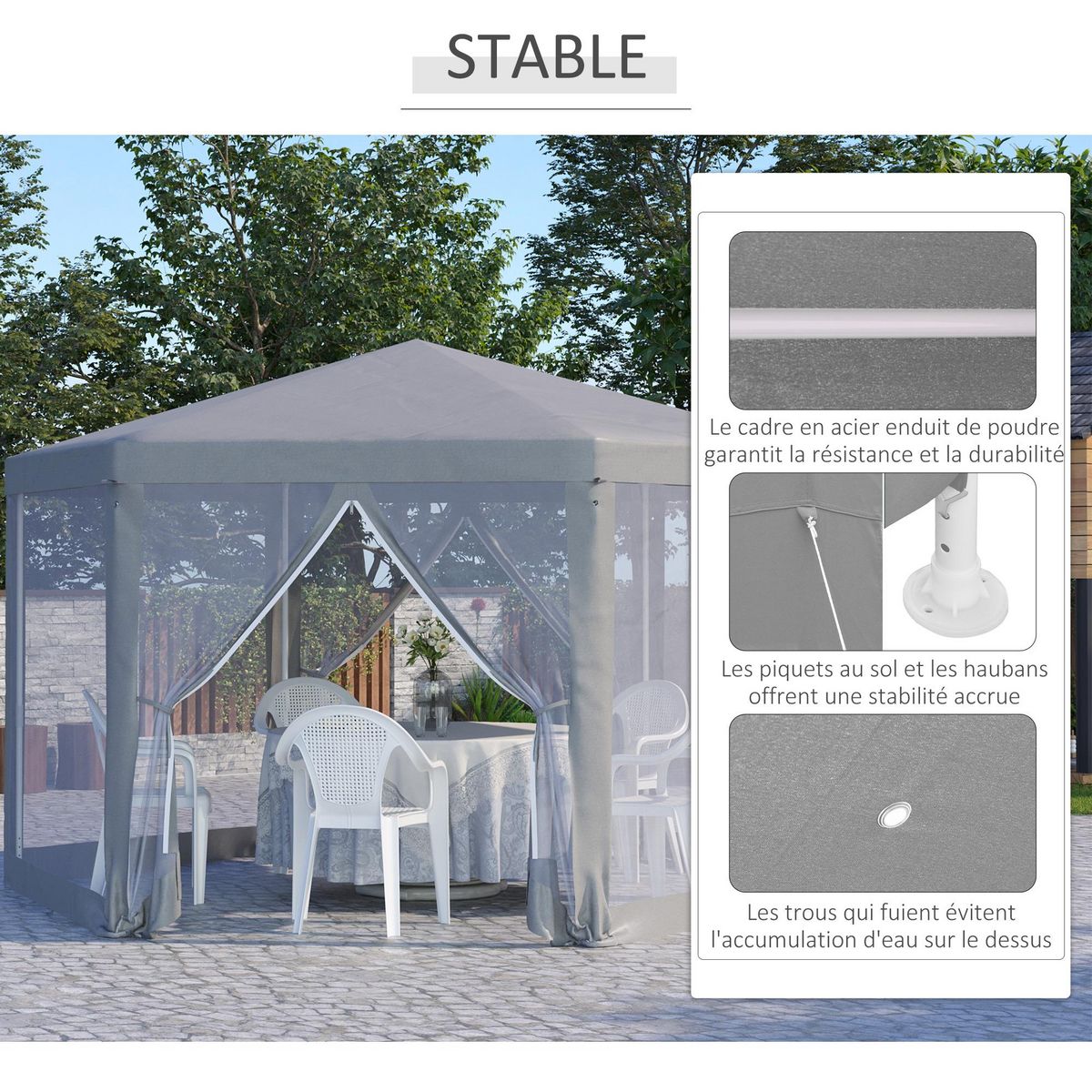 OUTSUNNY Tonnelle barnum tente de réception hexagonale style cosy métal polyester imperméabilisé surface env. 10 m² gris