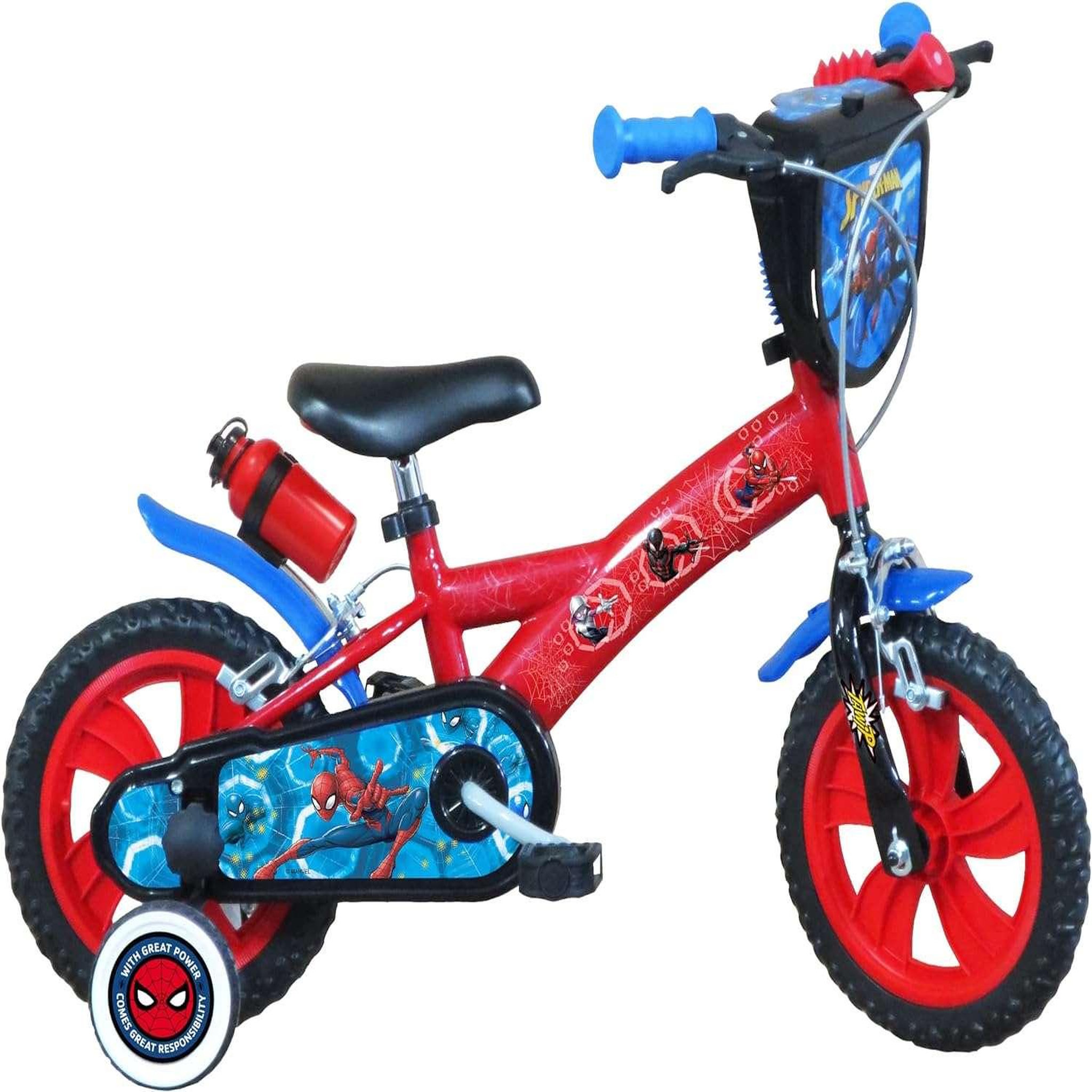 Voir la diapositive 1 : Marvel Vélo enfant - Modèle 12'' Spiderman pour enfant de 85/100 cm avec stabilisateurs - 2 freins - Plaque décorative avant - Porte bidon et roues à bâtons
