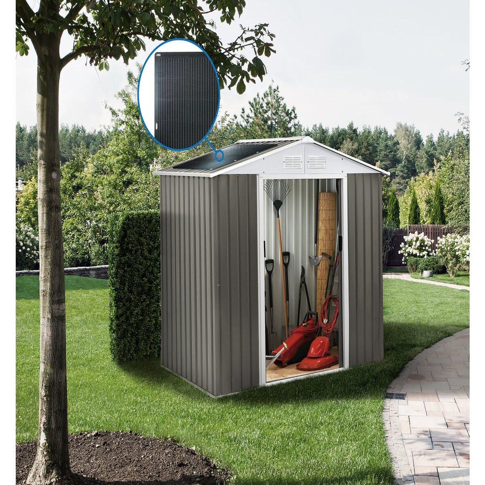 Voir la diapositive 2 : Habitat et Jardin Abri jardin métal  dallas  - 5,29 m² avec panneaux solaires - taupe