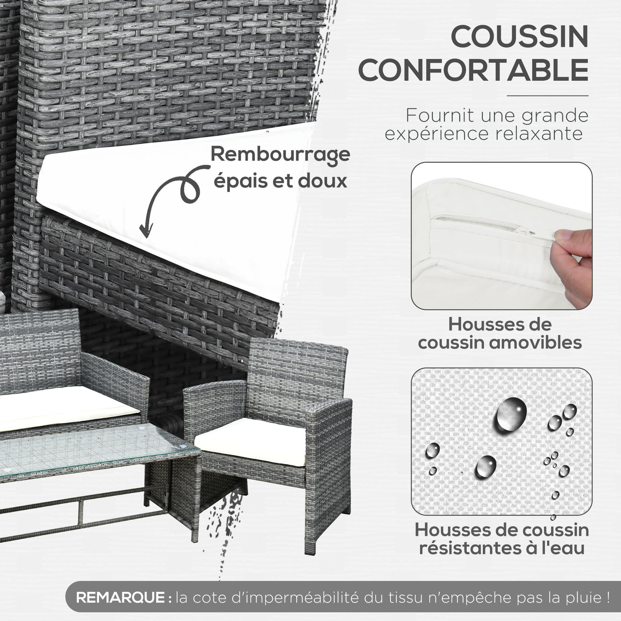 Voir la diapositive 5 : OUTSUNNY Outsunny Ensemble salon de jardin 4 places : canapé, 2 fauteuils et table basse plateau verre trempé résine tressée imitation rotin gris coussins crème
