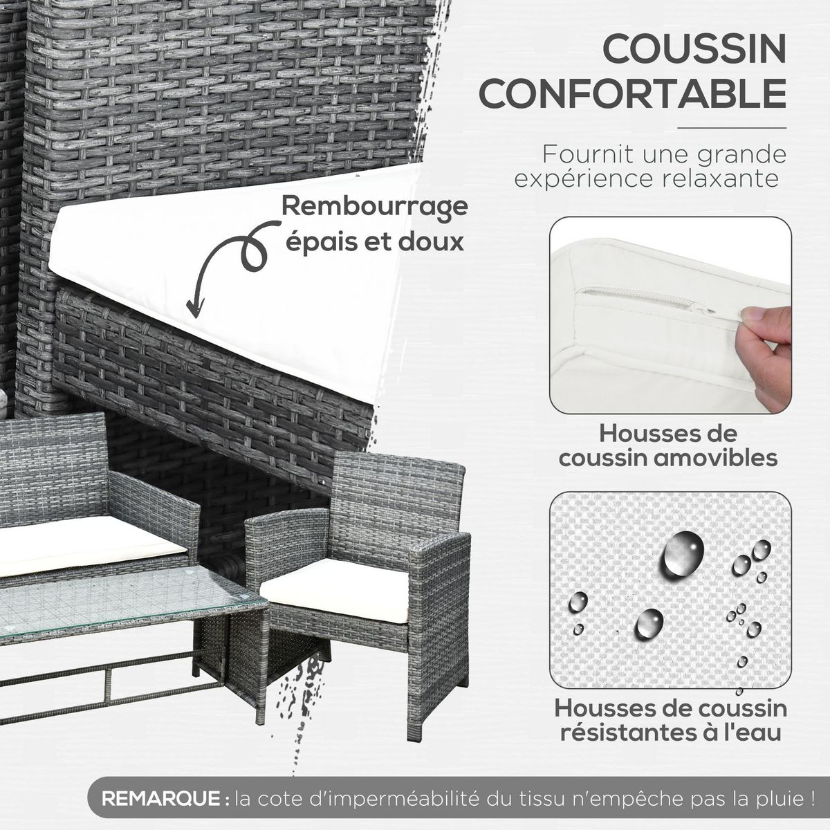 OUTSUNNY Outsunny Ensemble salon de jardin 4 places : canapé, 2 fauteuils et table basse plateau verre trempé résine tressée imitation rotin gris coussins crème