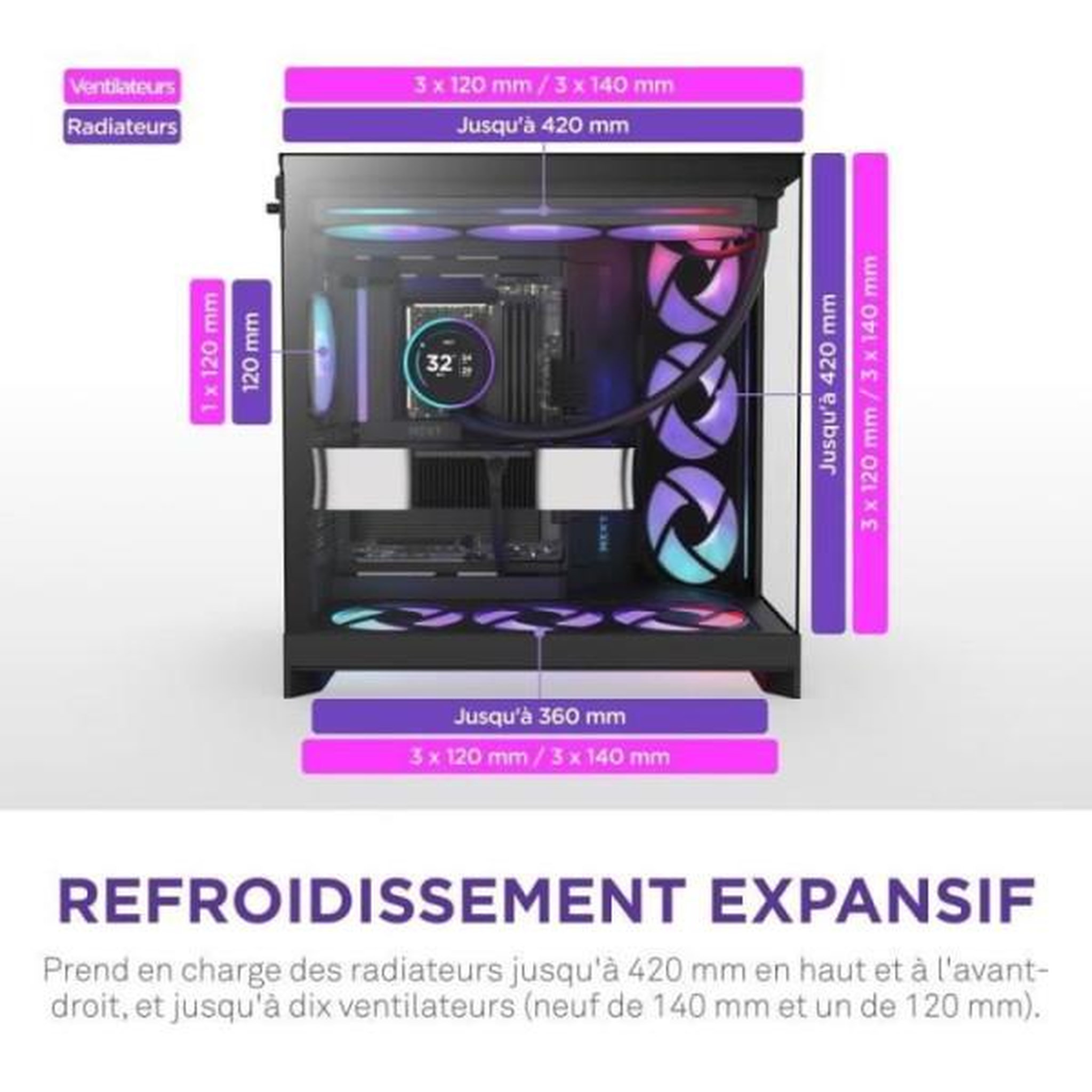 Voir la diapositive 6 : NZXT Boitier moyen-tour - nzxt - h9 flow rgb - double chambre - ventilateurs rgb inclus - noir