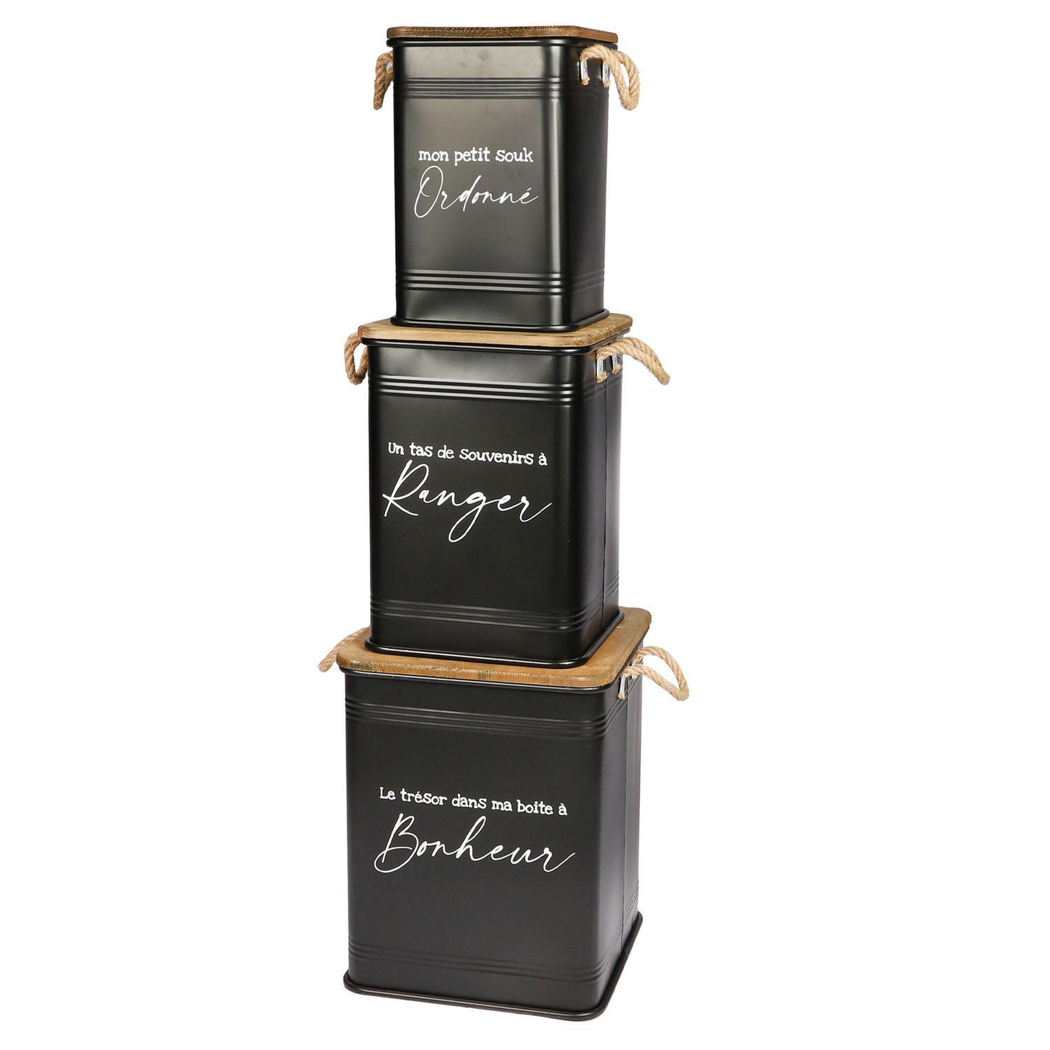 Voir la diapositive 2 : DIVERS Trio de caisse de rangementen métal Loft - H 51 cm. - Noir et Bois