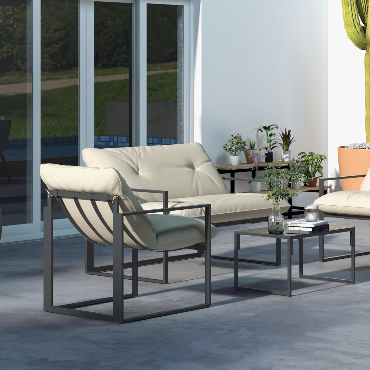 OUTSUNNY Salon de jardin 4 personnes - 4 pièces, 3 coussins - acier époxy noir polyester beige