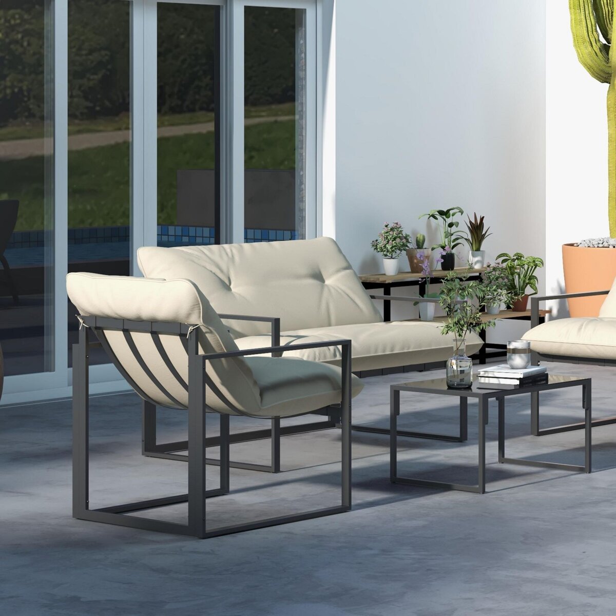 OUTSUNNY Salon de jardin 4 personnes - 4 pièces, 3 coussins - acier époxy noir polyester beige