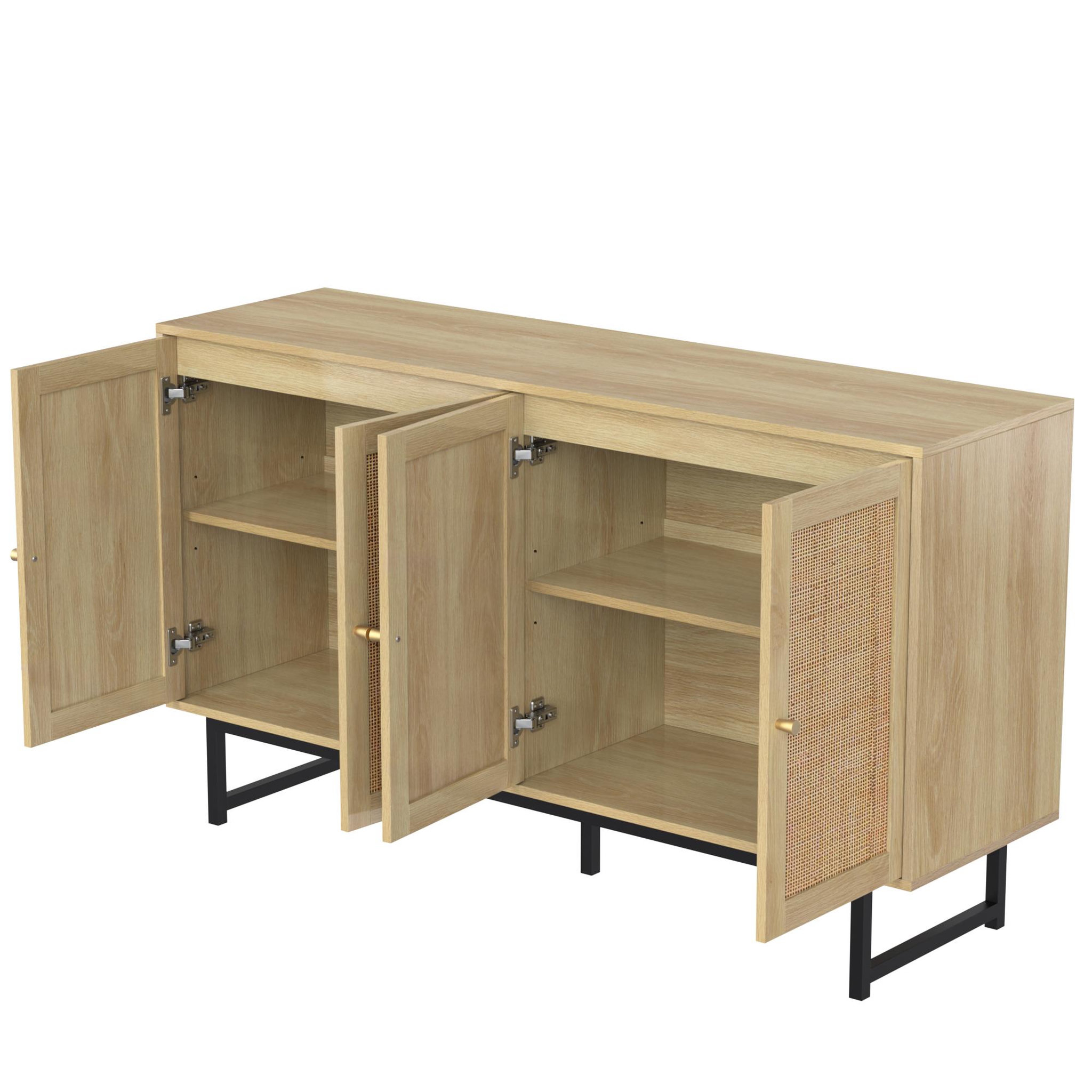 Voir la diapositive 5 : MERAX Buffet en panneaux de particules avec 4 portes en rotin,140x39,5x80cm,bois clair