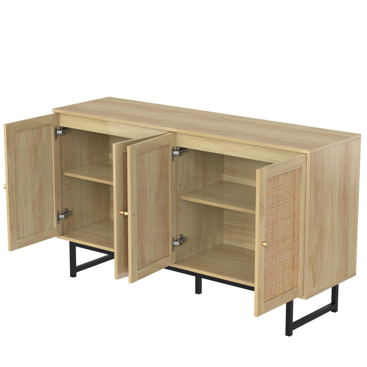 MERAX Buffet en panneaux de particules avec 4 portes en rotin,140x39,5x80cm,bois clair
