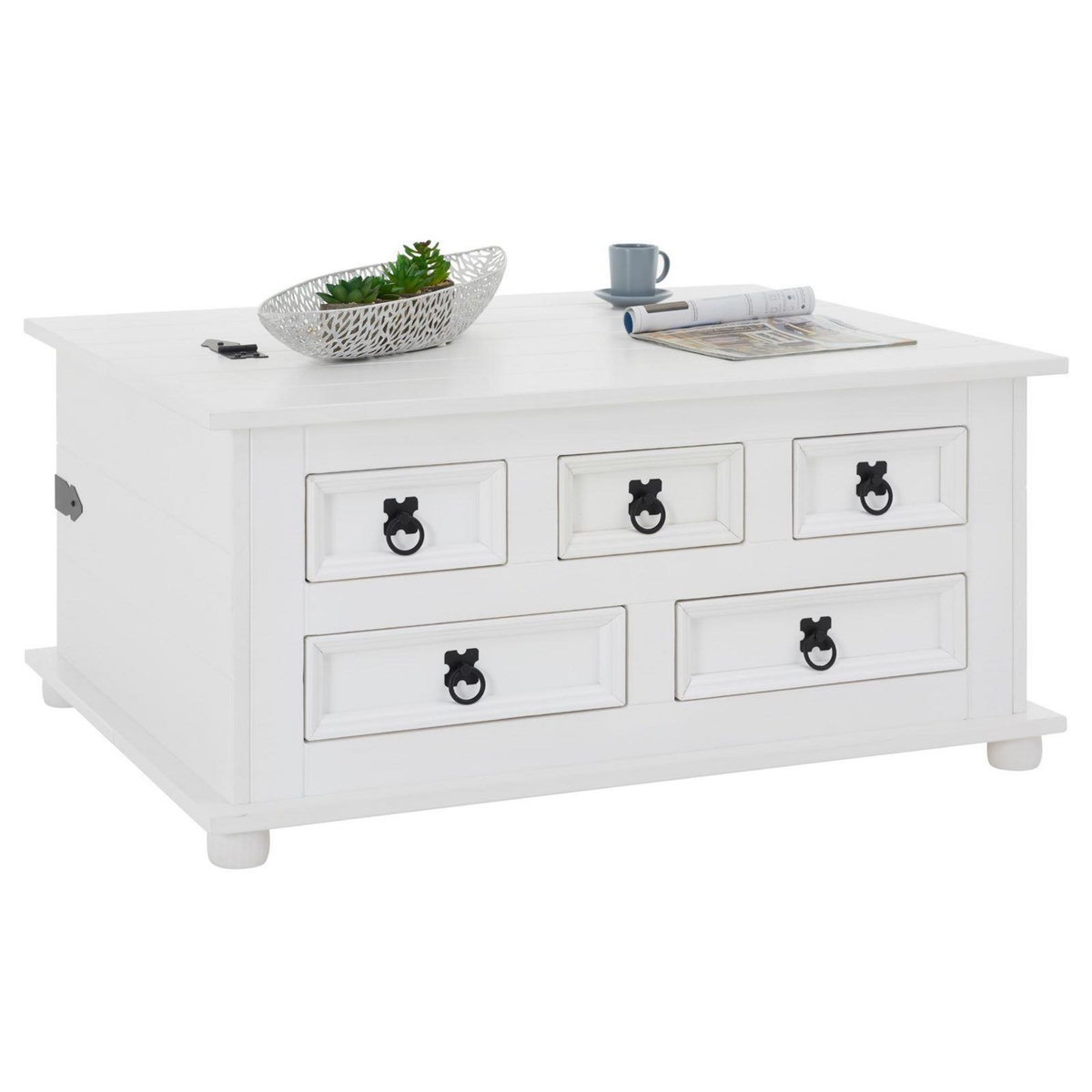 IDIMEX Table basse coffre en pin TEQUILA style mexicain, avec 5 tiroirs, lasuré blanc