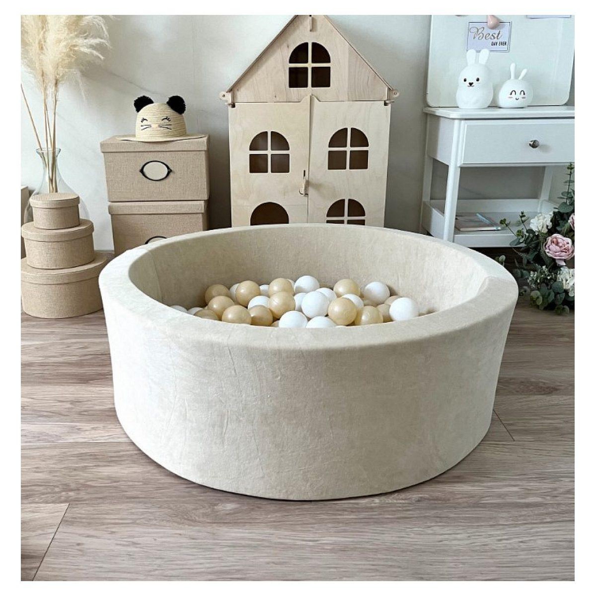 Voir la diapositive 2 : MONIO FOR KIDS Piscine à balles velours 90 cm crème + 200 balles