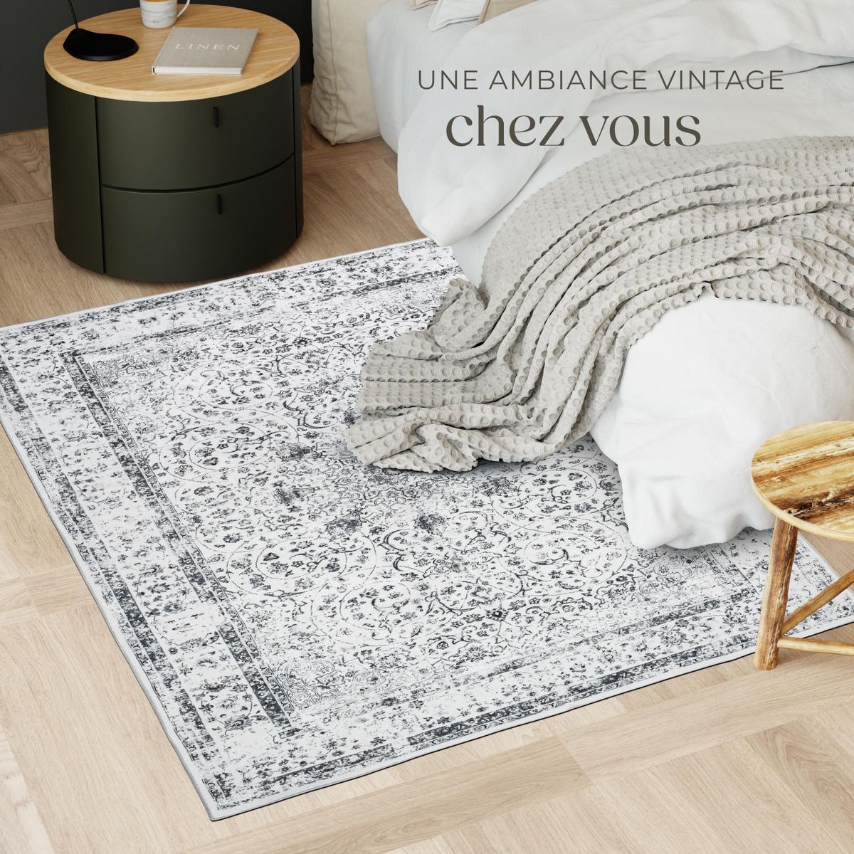 tectake Tapis design vintage à poils courts en laine synthétique et feutre gris 120 x 170 cm