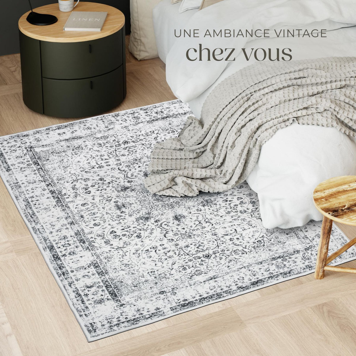 tectake Tapis design vintage à poils courts en laine synthétique et feutre gris 120 x 170 cm
