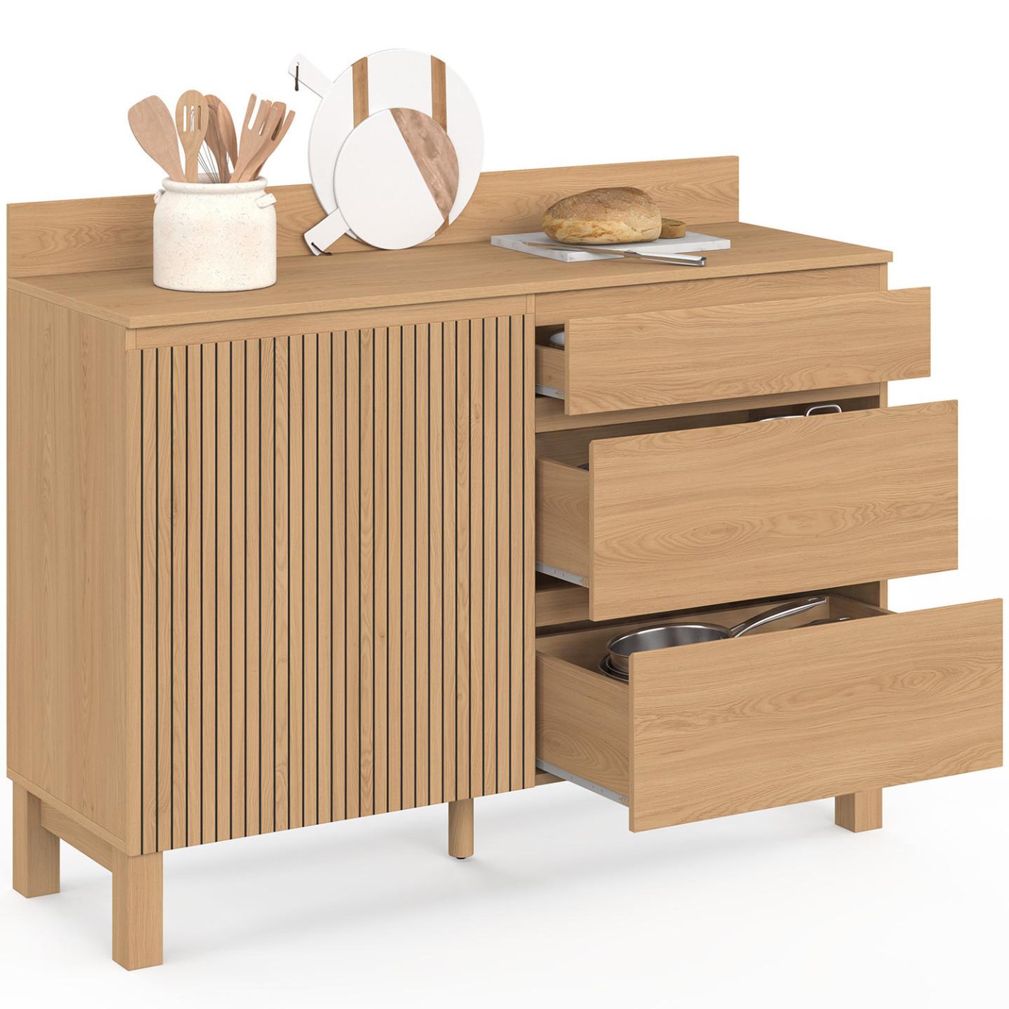 ID MARKET Buffet bas casserolier de cuisine 120 cm JULIETTE plan de travail H.83 cm 1 porte + 3 tiroirs effet lattes tasseau bois