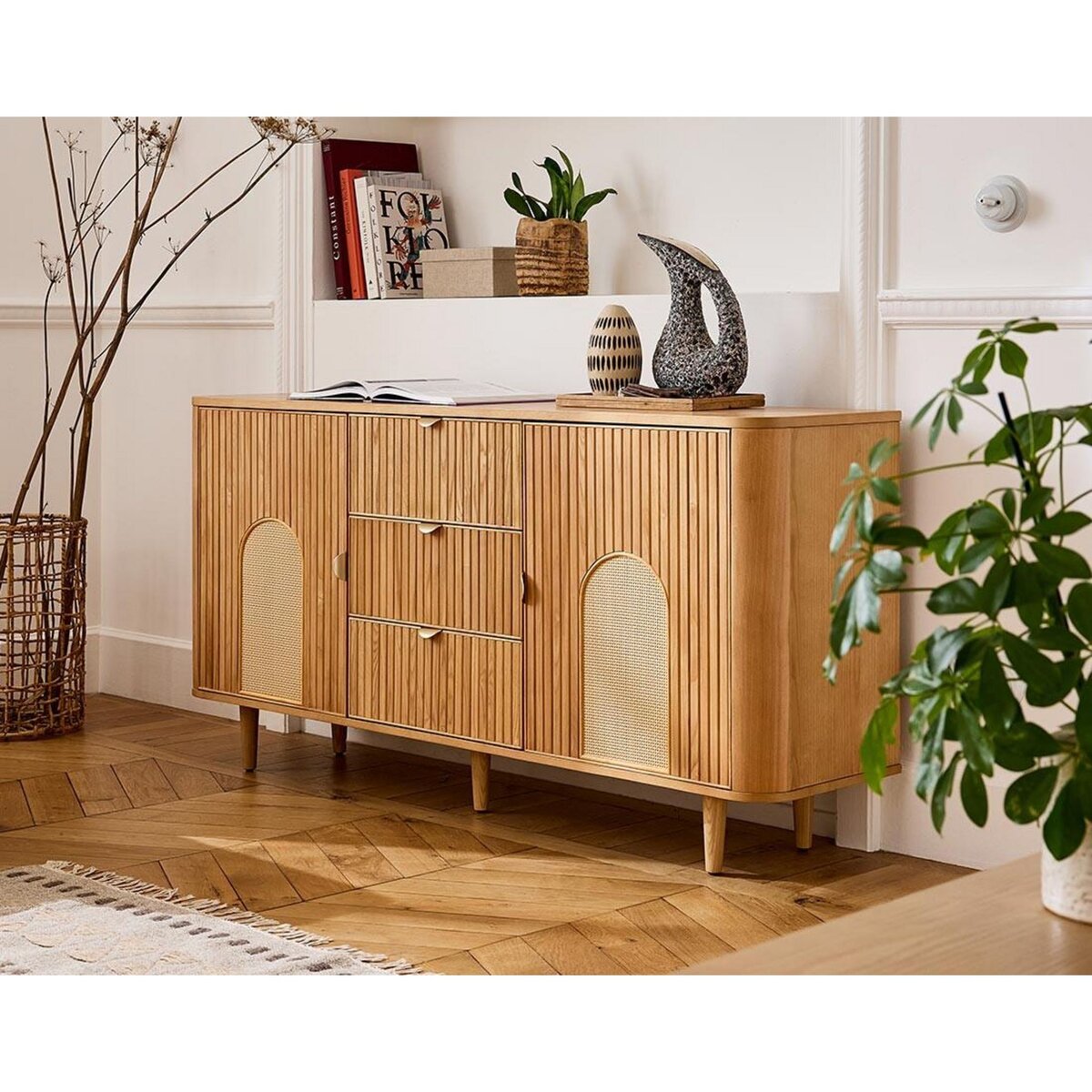 LISA DESIGN Milazzo - buffet bas - bois plaqué chêne et cannage - 3 tiroirs et 2 portes - 160 cm