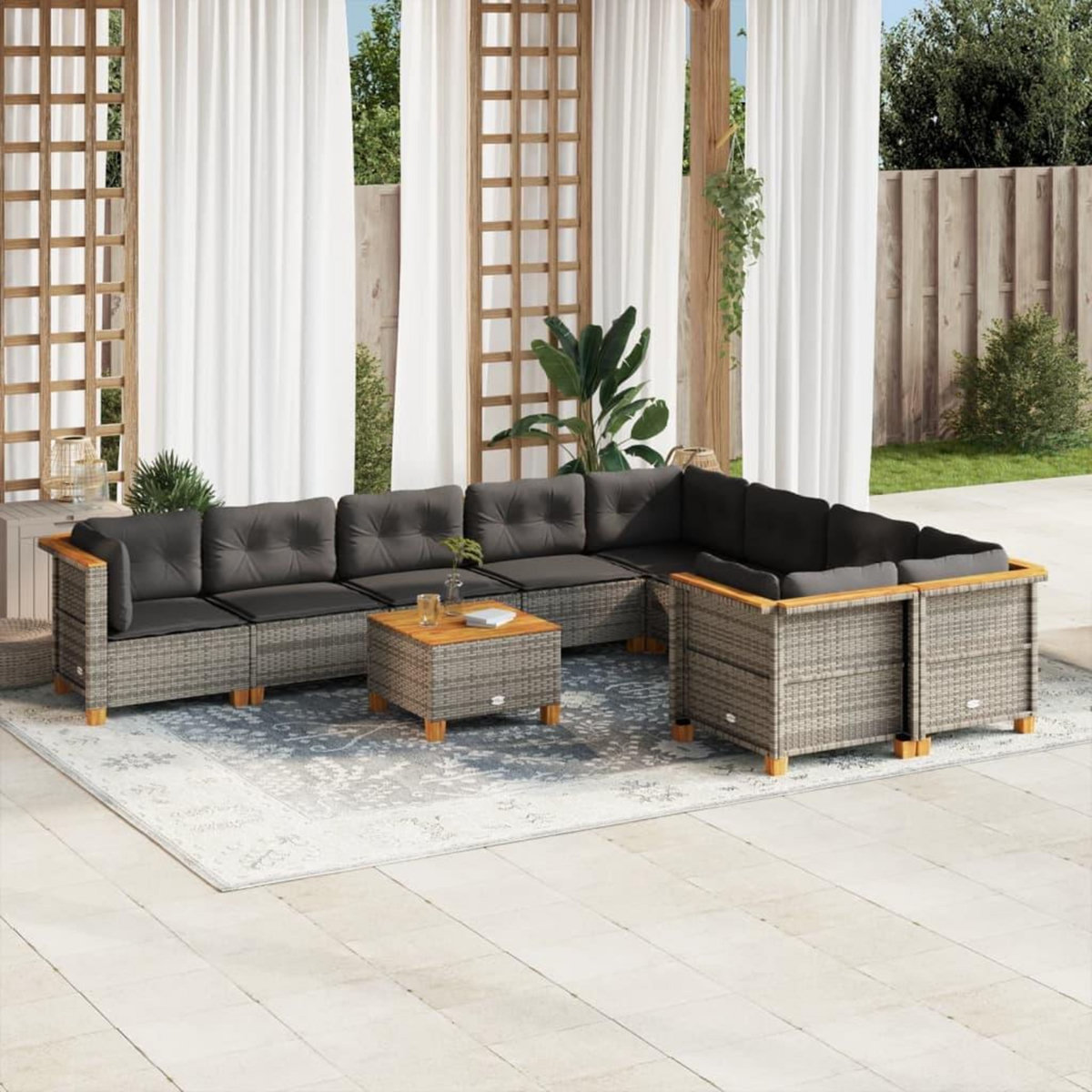 VIDAXL Salon de jardin avec coussins 10 pcs gris resine tressee