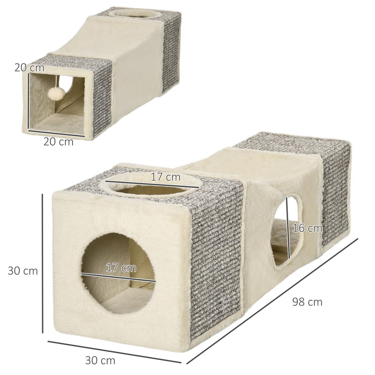 PAWHUT Tunnel grattoir niche modulable pour chat 3 en 1 - jeu balle suspendue - 4 entrées - peluche beige sisal grège