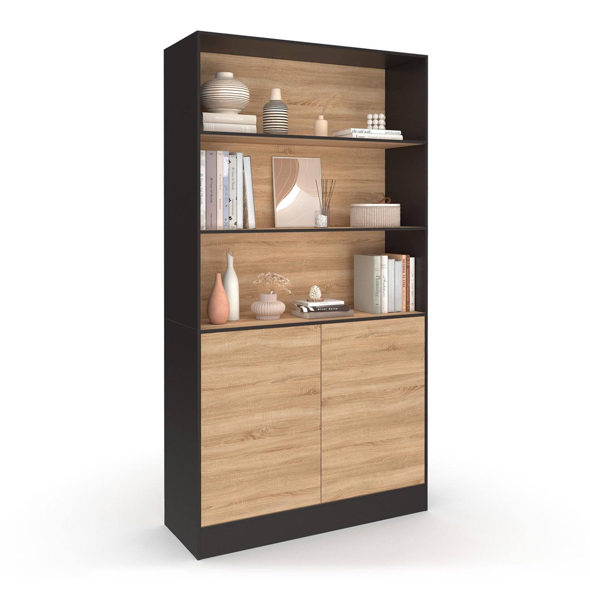 ID MARKET Etagère bibliothèque carla 3 niveaux xxl 1 placard noir et effet bois 190 cm