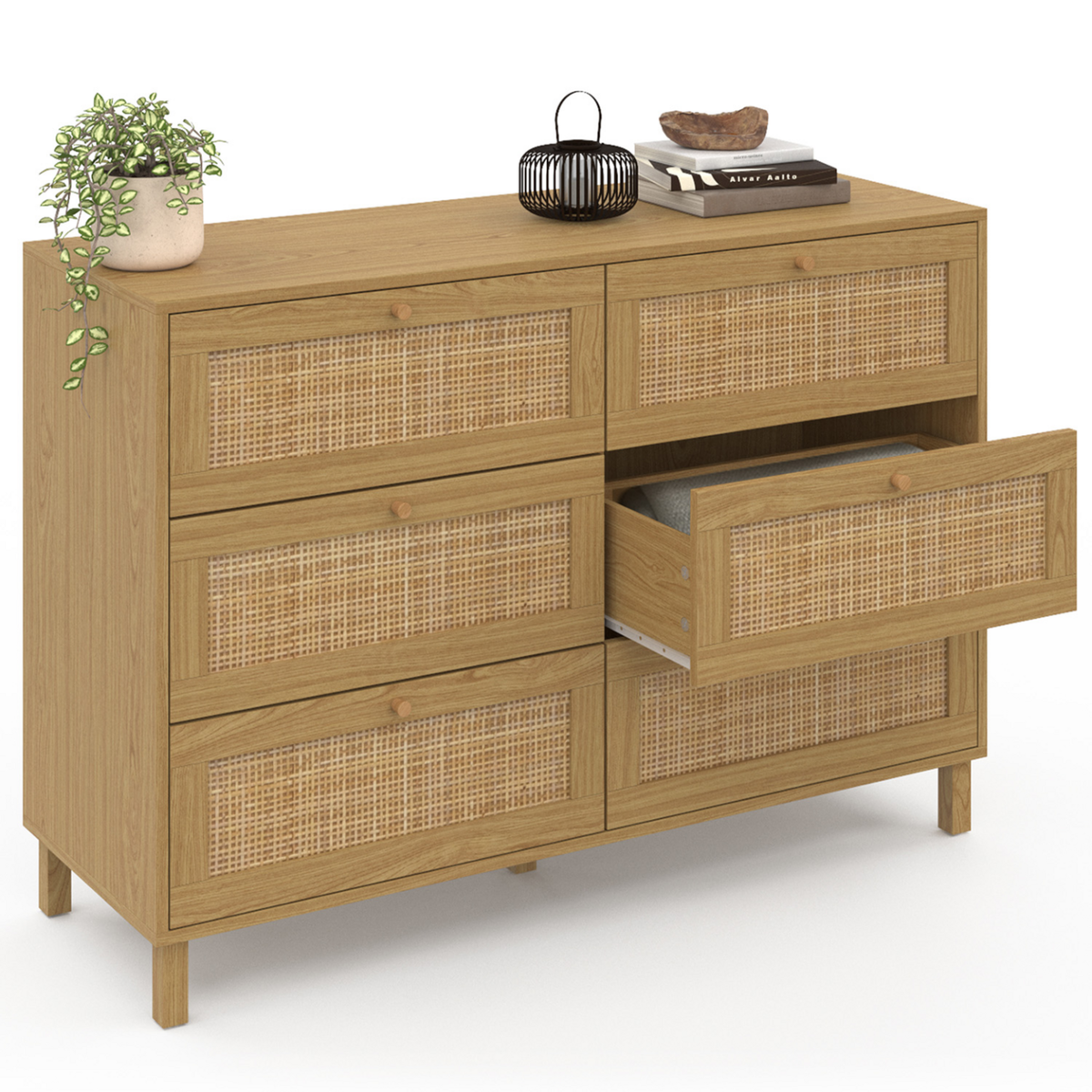 ID MARKET Commode 6 tiroirs HANAE 115 cm effet naturel cannage