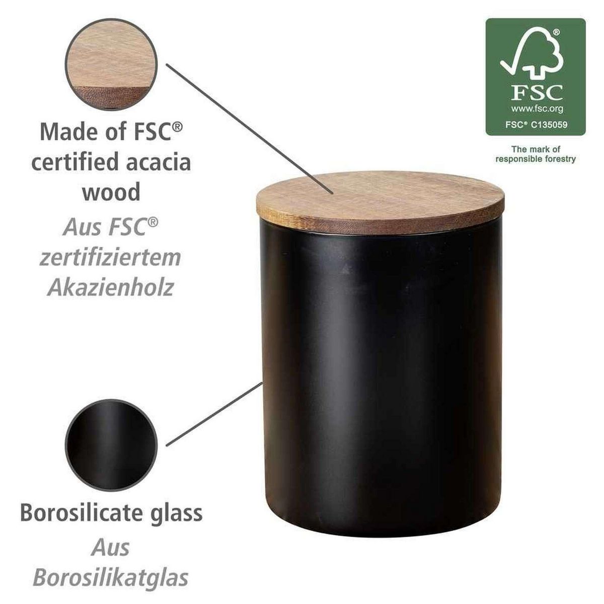 Wenko Boîte de rangement alimentaire 1 L en verre - Noir