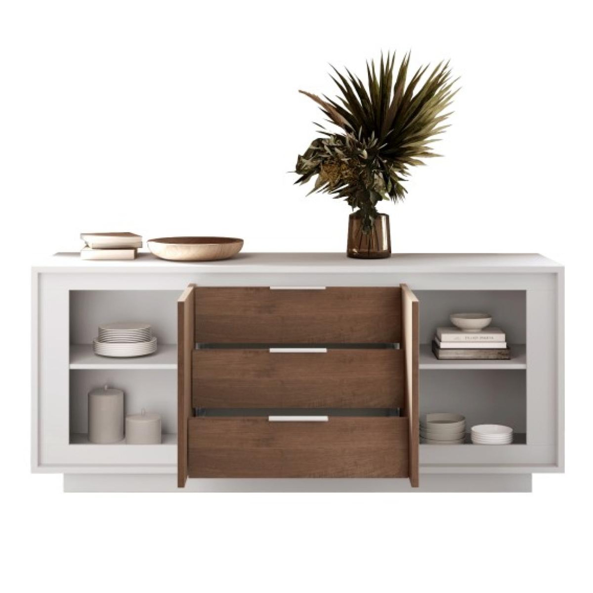 Voir la diapositive 3 : JLC KREATION Buffet bas blanc et noyer 2 portes-3 tiroirs 180cm YORI