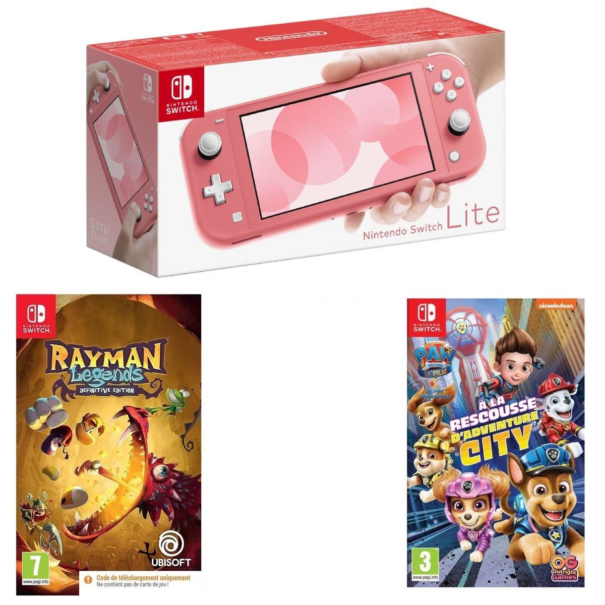 Console Nintendo Switch Lite Corail + Rayman Legends Definitive Edition - Code de Téléchargement +La Pat?Patrouille: le film A La Rescousse d?Adventure City CIB