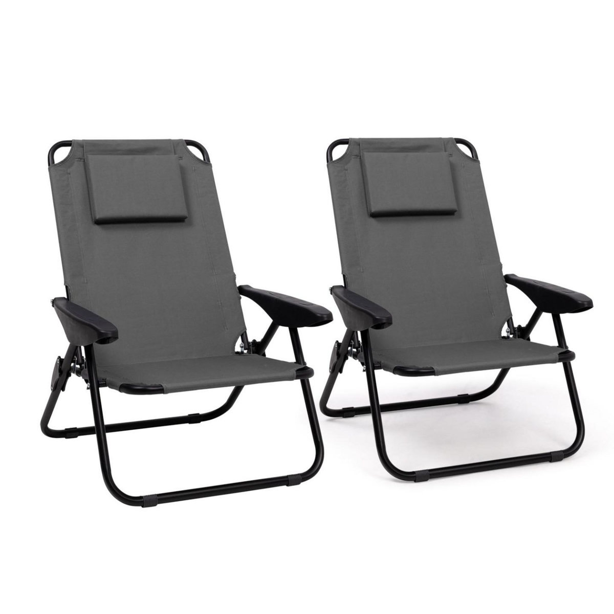 ID MARKET Lot de 2 chaises de plage pliantes - fauteuils de jardin inclinables sac à dos gris anthracite et toile grise