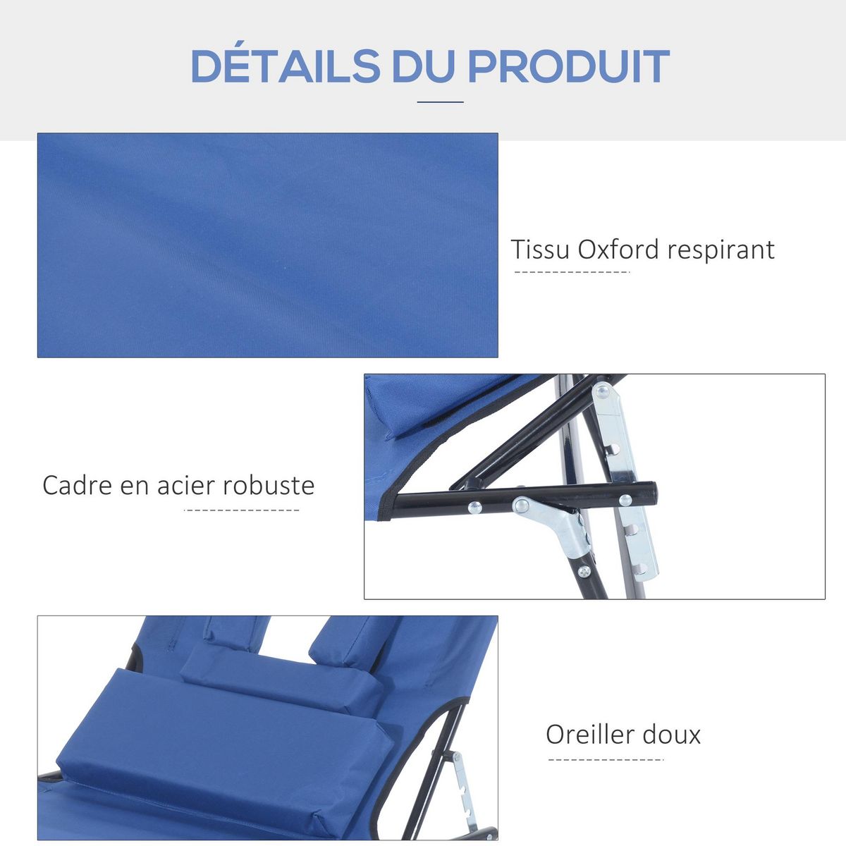 OUTSUNNY Bain de soleil pliable transat inclinable 4 positions chaise longue de lecture 3 coussins fournis bleu