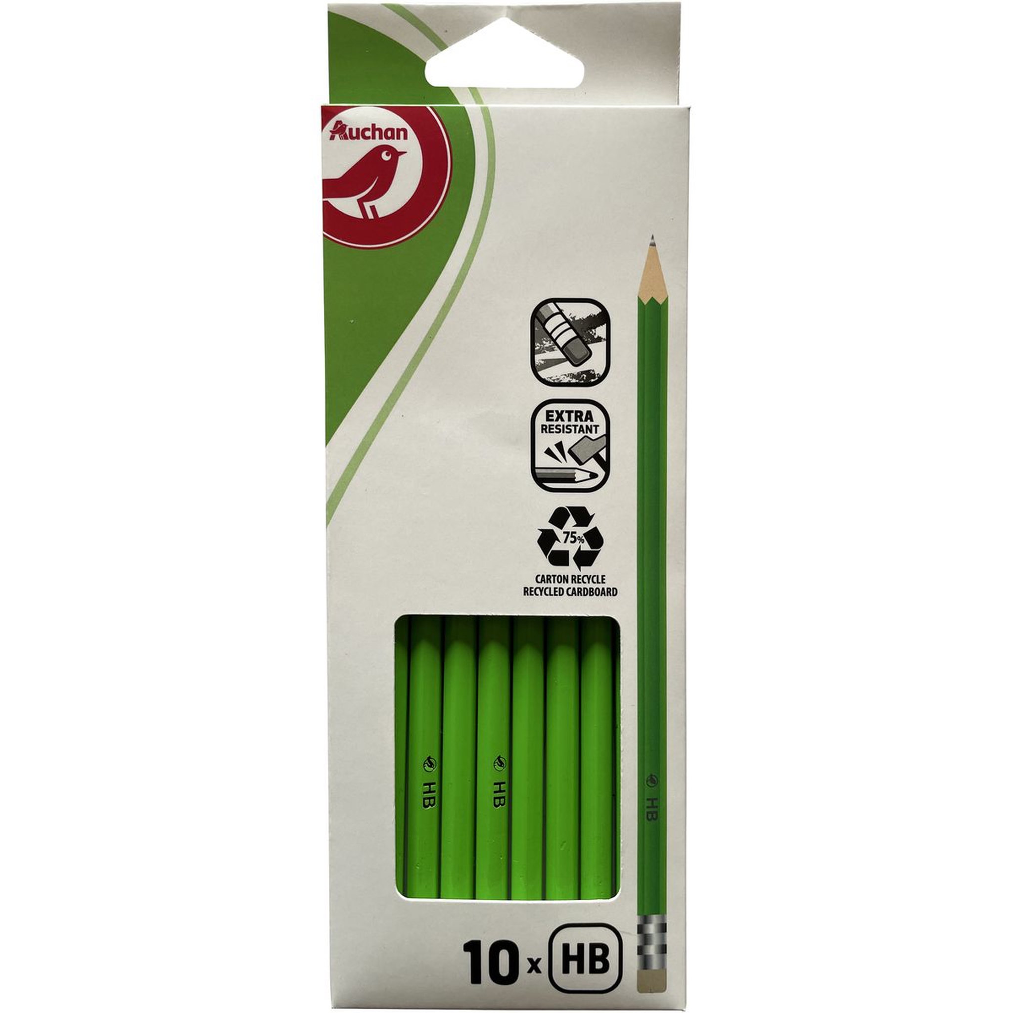 Voir la diapositive 2 : AUCHAN Lot de 10 crayons graphite HB avec bout gomme